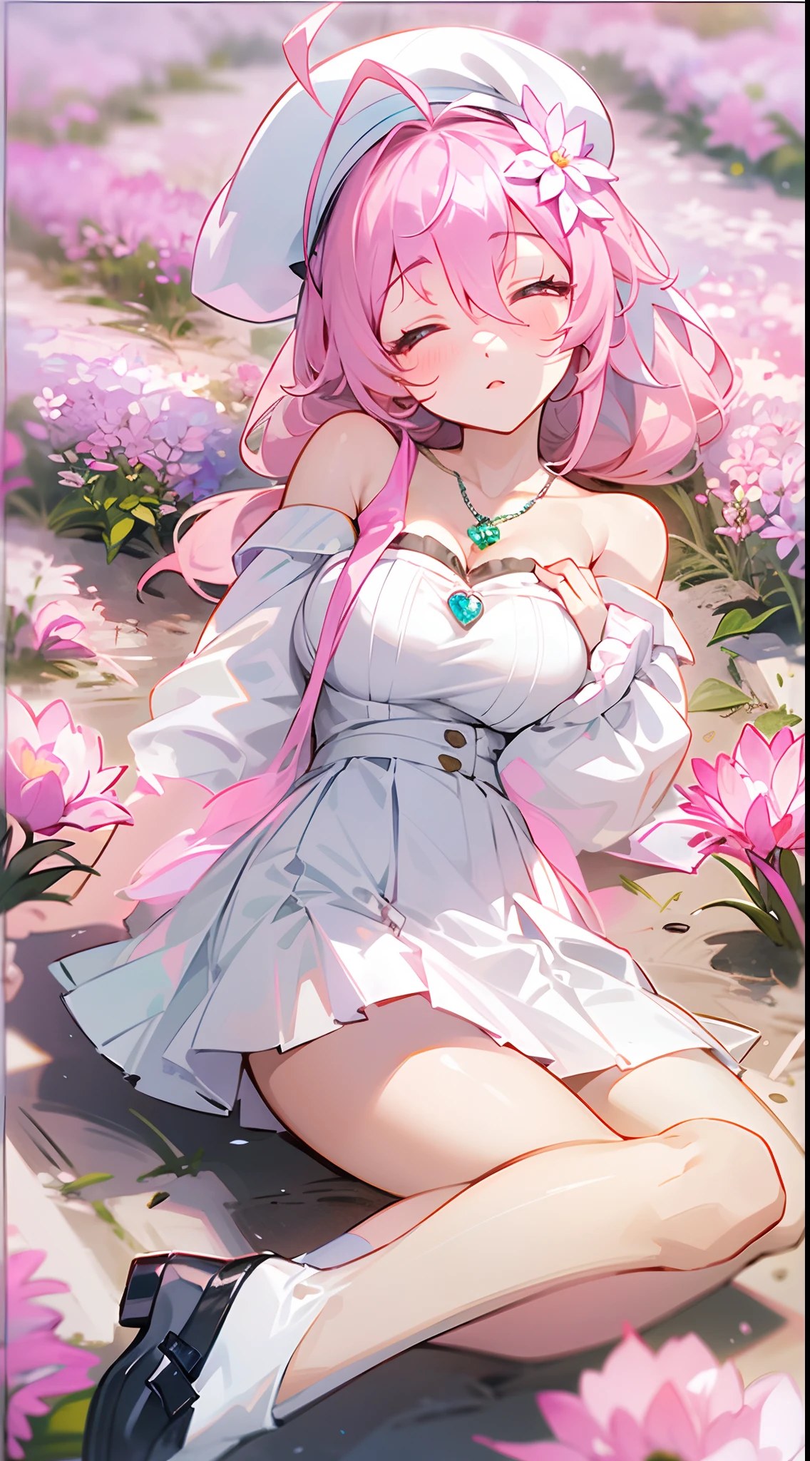 1 girl, game CG, white clothes, cleavage visible, shoulders visible, short white skirt, white beret, jewel pendant, black shoes, gigantic breasts, pink hair, long hair, hair up, princess hairstyle, ahoge , pink eyes, lie down, on back, close your eyes, sleep, mountains, flower fields, face to thighs,