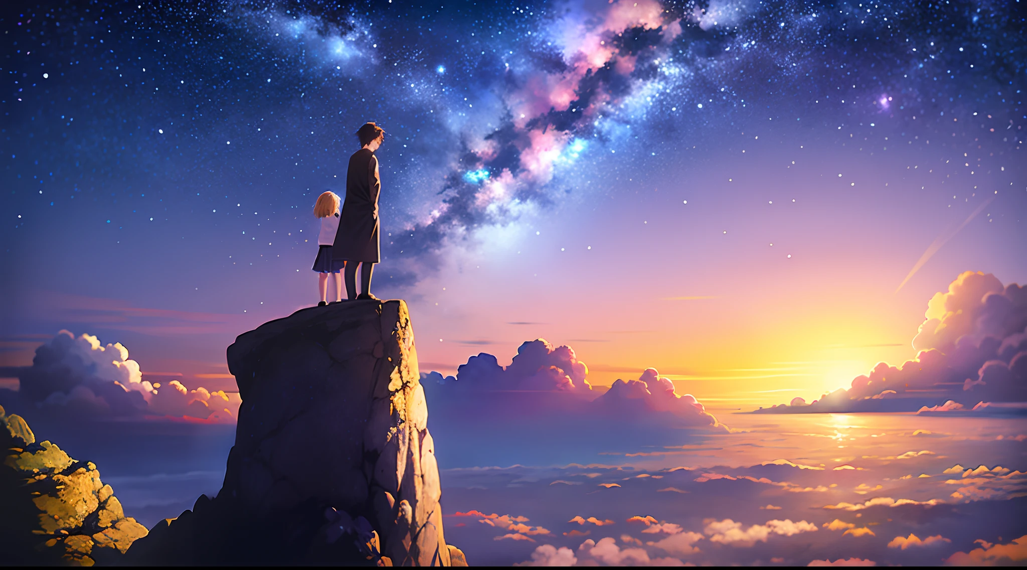 beautiful anime scenes,Two people standing on a rock looking at the sky,Anime scenery of cosmic sky。Anime Sky,4K Anime Art Wallpapers,Estilo de Makoto Shinkai。