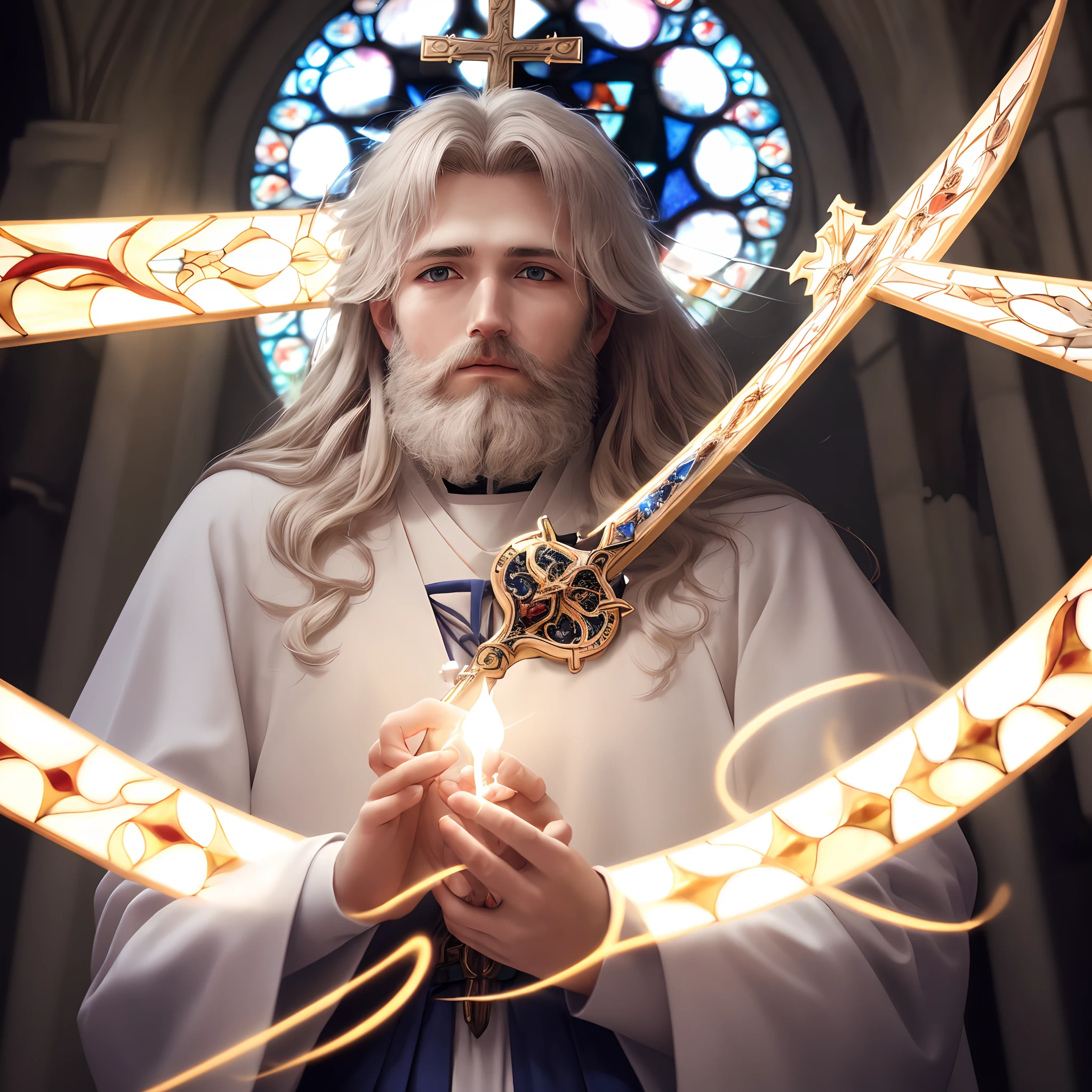 (extremely detailed CG unity 8k wallpaper, masterpiece, best quality, ultra-detailed), best illumination, best shadow, an extremely delicate and beautiful, floating,
[(1 figure), white robe, crown of thorns, savior, (beard), (blue eyes), (divine light), hands outstretched, (nail wounds on hands), dramatic angle],
(stained glass window, holy cross, church), (vastness), (sacred atmosphere).