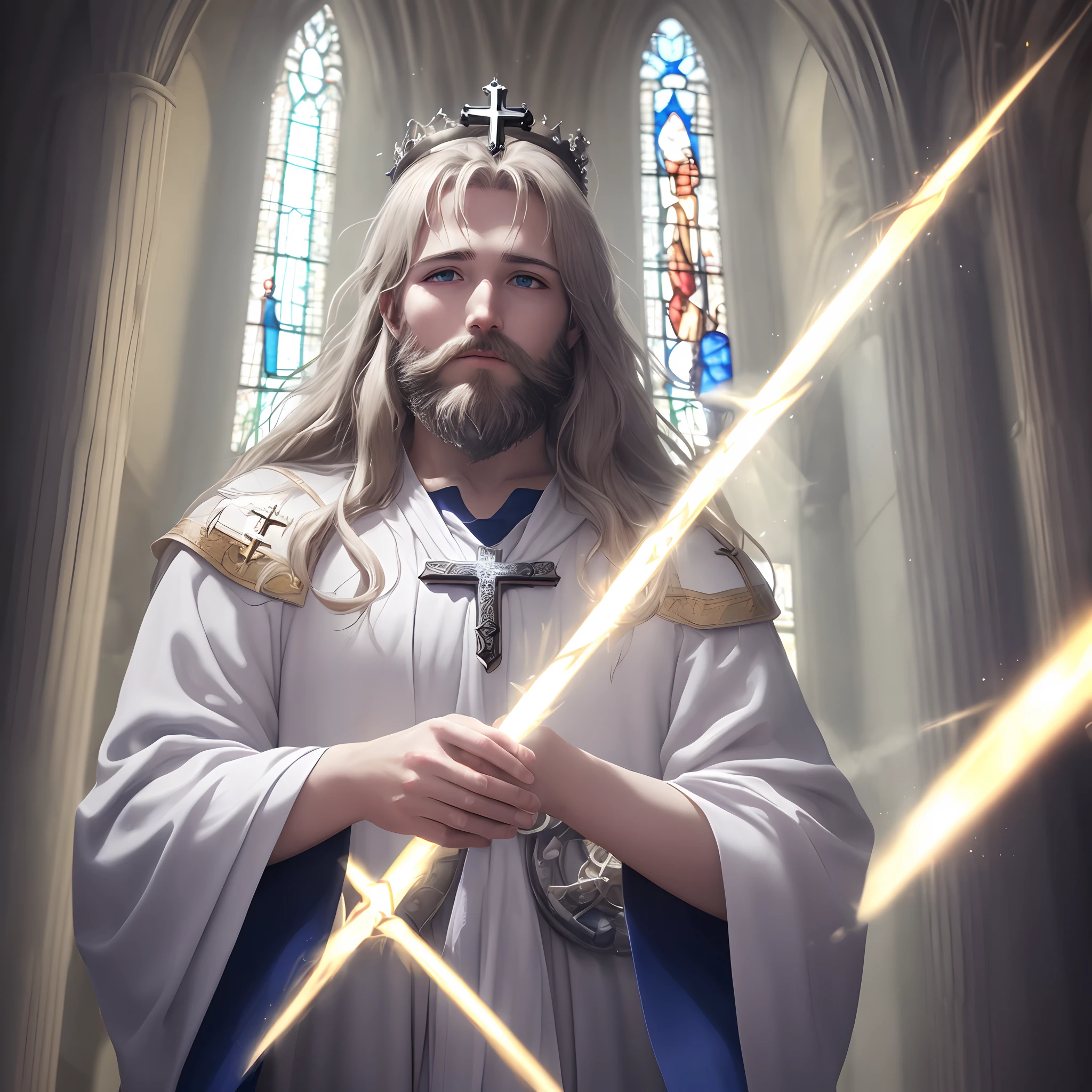 (extremely detailed CG unity 8k wallpaper, masterpiece, best quality, ultra-detailed), best illumination, best shadow, an extremely delicate and beautiful, floating,
[(1 figure), white robe, crown of thorns, savior, (beard), (blue eyes), (divine light), hands outstretched, (nail wounds on hands), dramatic angle],
(stained glass window, holy cross, church), (vastness), (sacred atmosphere).