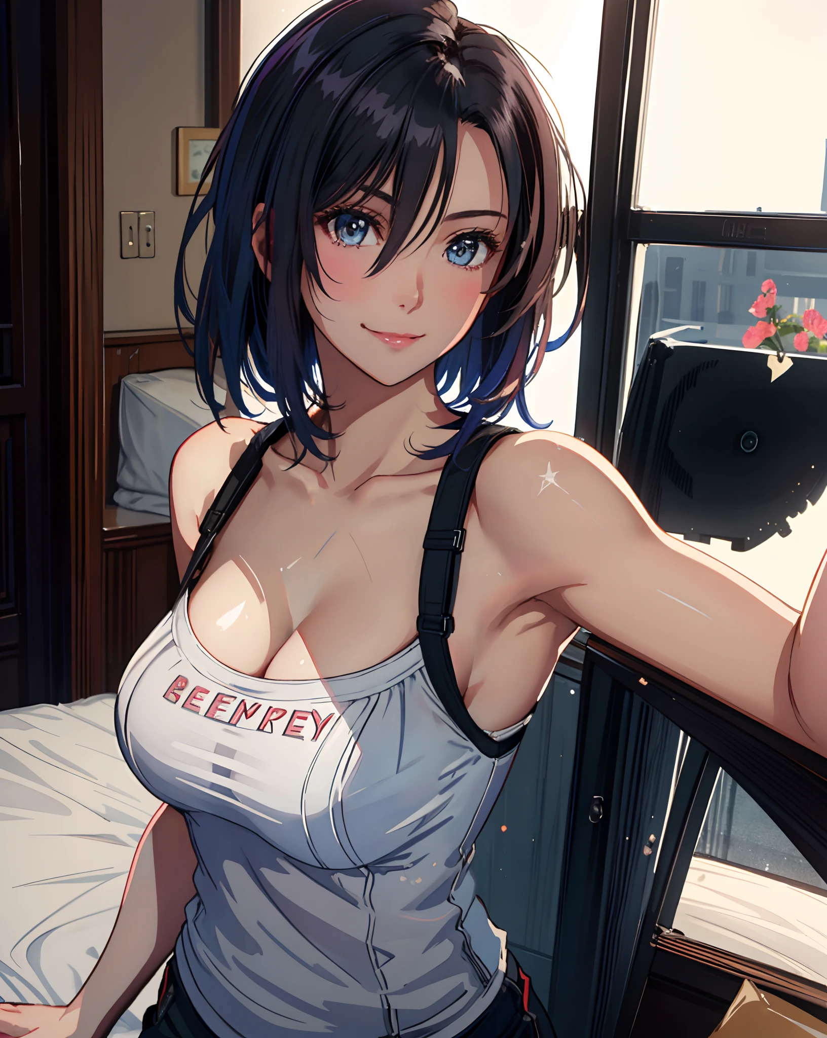 Best Quality, Ultra High Resolution, (Photorealistic: 1.4), Beautiful Eyes, Super Beautiful, Very Short Hair, Beautiful, Sweetheart, T-shirt with Rough Chest, Beautiful Soldier, Eyes That Invite Viewer, Lover's Perspective, Inviting Expression, Sexy Smile, Perfect Style, Perfect Balance, Detailed Skin, Naughty Gaze, Chest Visible