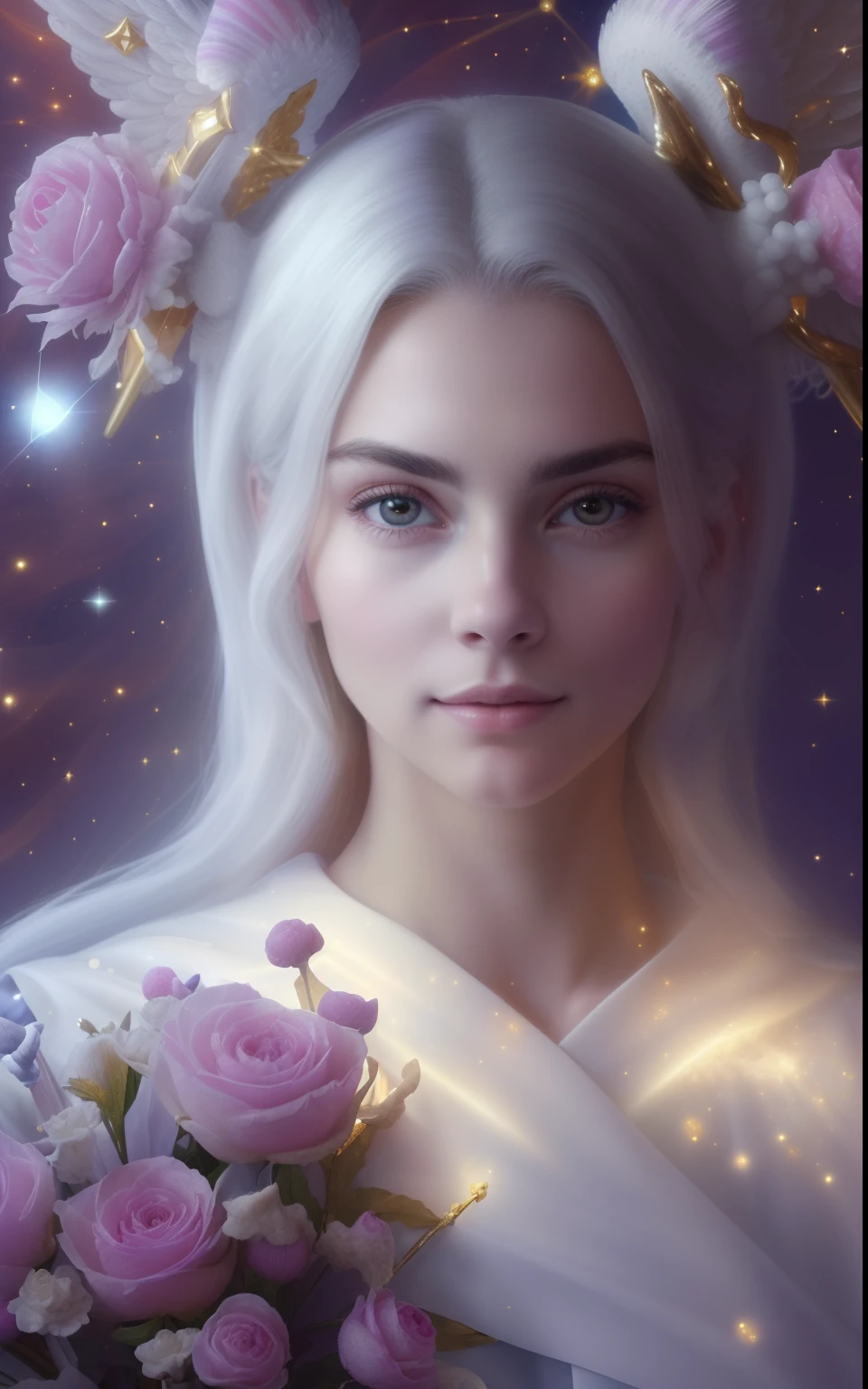 (((Holy GUARDIAN ANGEL. 19 years old))) ((( Con una cara seria y piadosa. Con una mirada dulce y tierna))) (obra maestra, calidad superior, mejor calidad, arte oficial, beautiful and aesthetic: 1.2), (1girl), extremadamente detallado, (Arte fractal: 1.3), colorido, highest detailed, Cara perfecta, parte superior del cuerpo, HDR, (orando: 1.3), (golden lines of white coat: 1.2), galaxia, (rayas de luz), eye-catching visuals, (dynamic stripes, senderos luminosos: 1.2), colores vibrantes,
