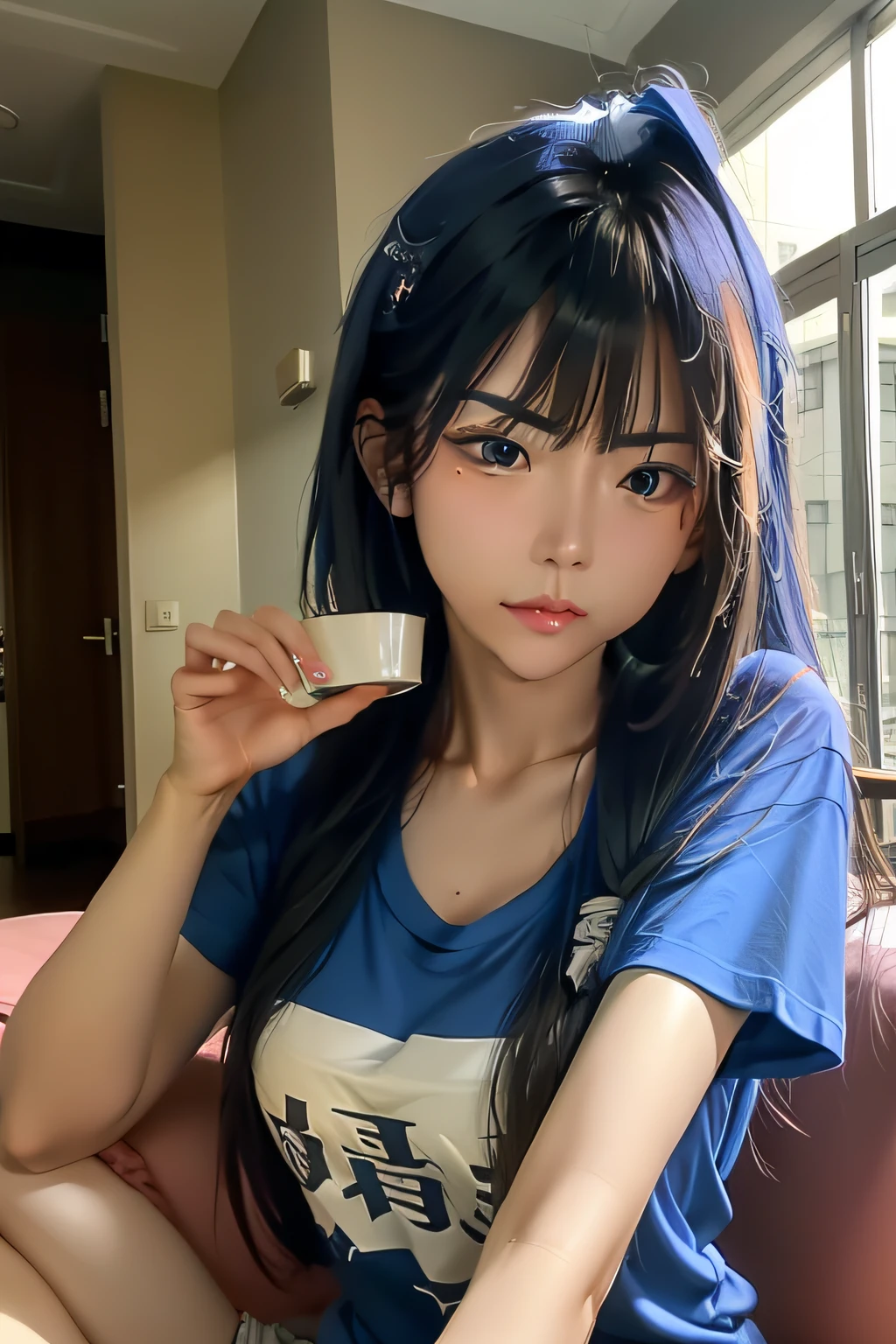 mid - length hair，Danfeng Eyes，Wear a blue T-shirt，Qi bangs，Collapsed nose，Eating