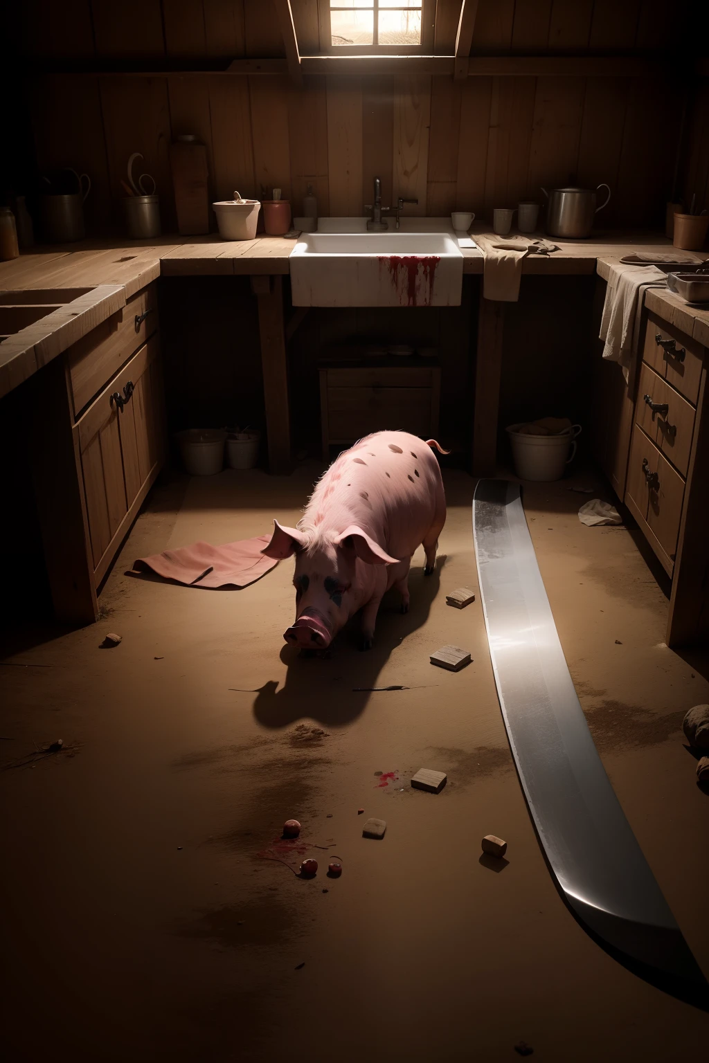 Blood-stained machete in well-lit barn, Pig lying with eyes closed near blood and machete, fazenda, diffuse lighting