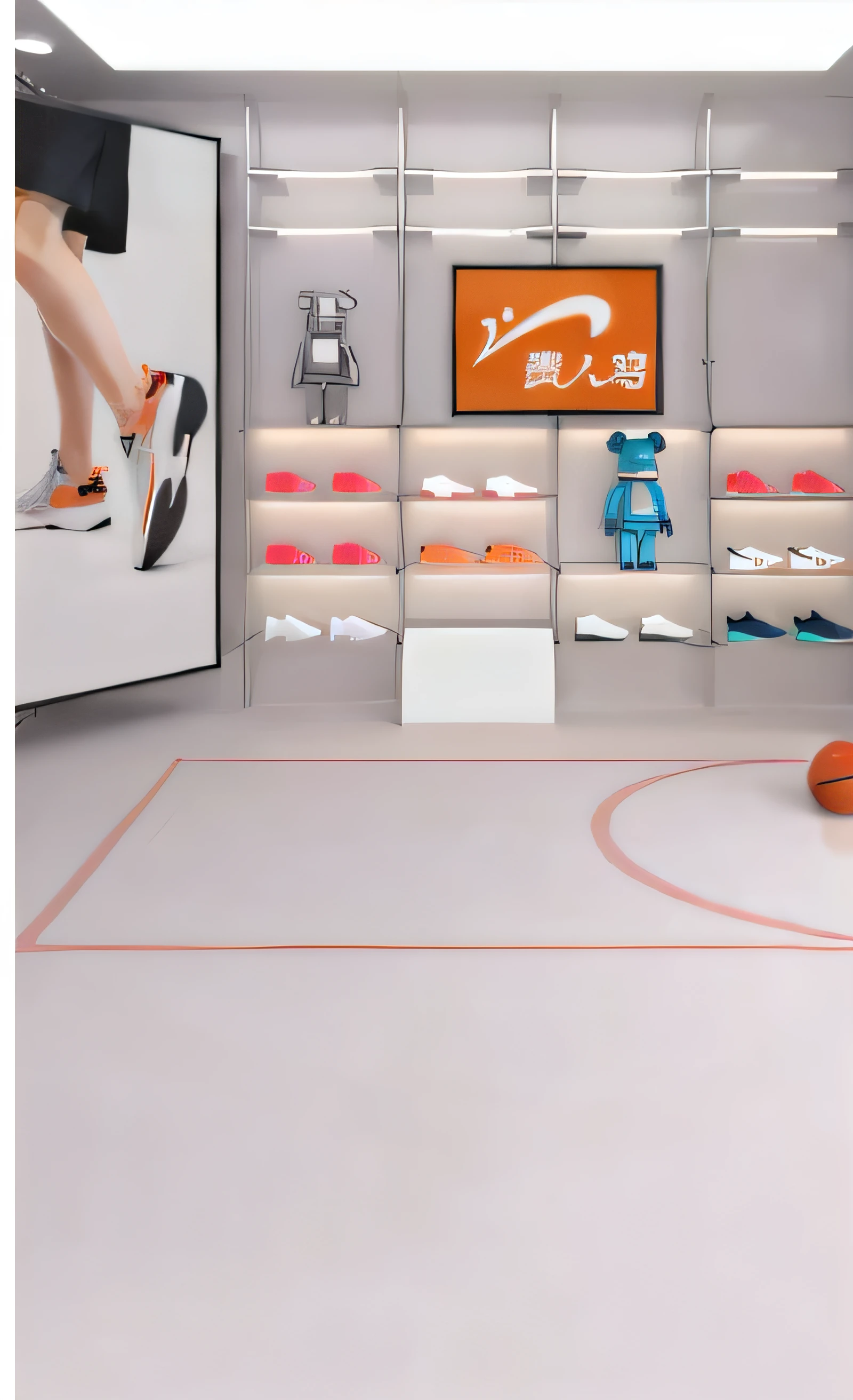 There is a basketball court，There is a basketball on it, Basketball sportswear concept art, Product display, Showcase, Children's sportswear pop-up shop, photograph of 3d ios room, Inspired by Zou Yigui, show room scene, basketball playground, Sportswear design, 🕹️ 😎 🔫 🤖 🚬, 3d product, Focus only on sportswear