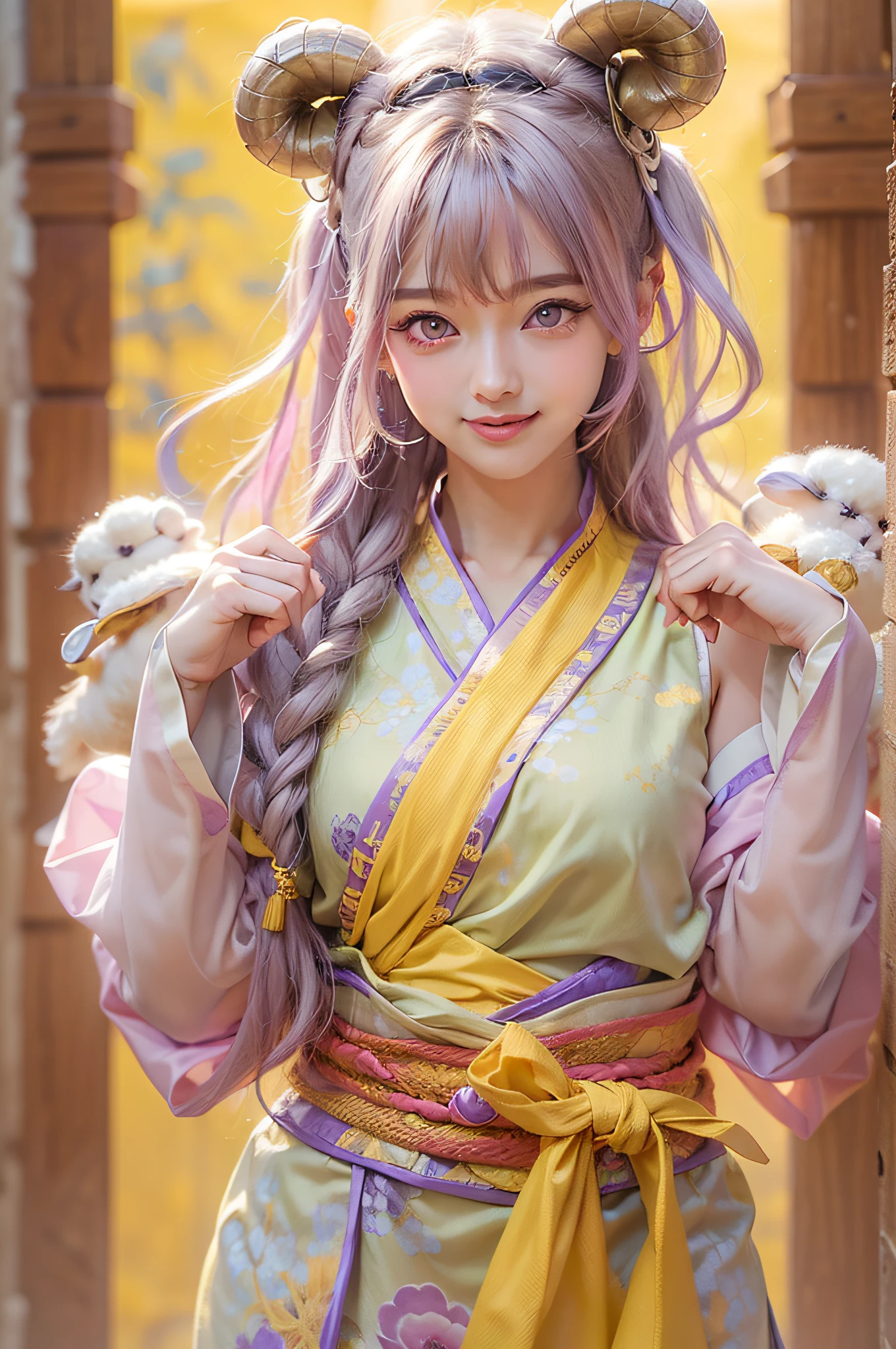 There's one ultra-realistic girl。She has a slender physique、Height is 155 cm。Her hair has a pale pink color and、The hairstyle has twin tails。Hair is smooth、Blowing in the wind。A spiral horn grows from her head.、Luxurious ornaments complement the corners around it。Her eyes are a beautiful purple.、Staring at this。Her nose wasn't that high.、It has shiny pink lips。With a smile on your face、I can see my teeth.。A red ribbon flutters from her neck in the wind.。She is wearing a cheongsam based on white.、The pattern has a green color。pure、Shoulders are loose。For the lower half of the body, I wear long pants that are easy to move in pink.。A red band is visible from the waist。She is holding her fist.、There are 5 fingers on both sides.。The background is in the wilderness forest、High mountains々and the lake is visible in the distance。It's from the camera's point of view.、Smiling embarrassedly。