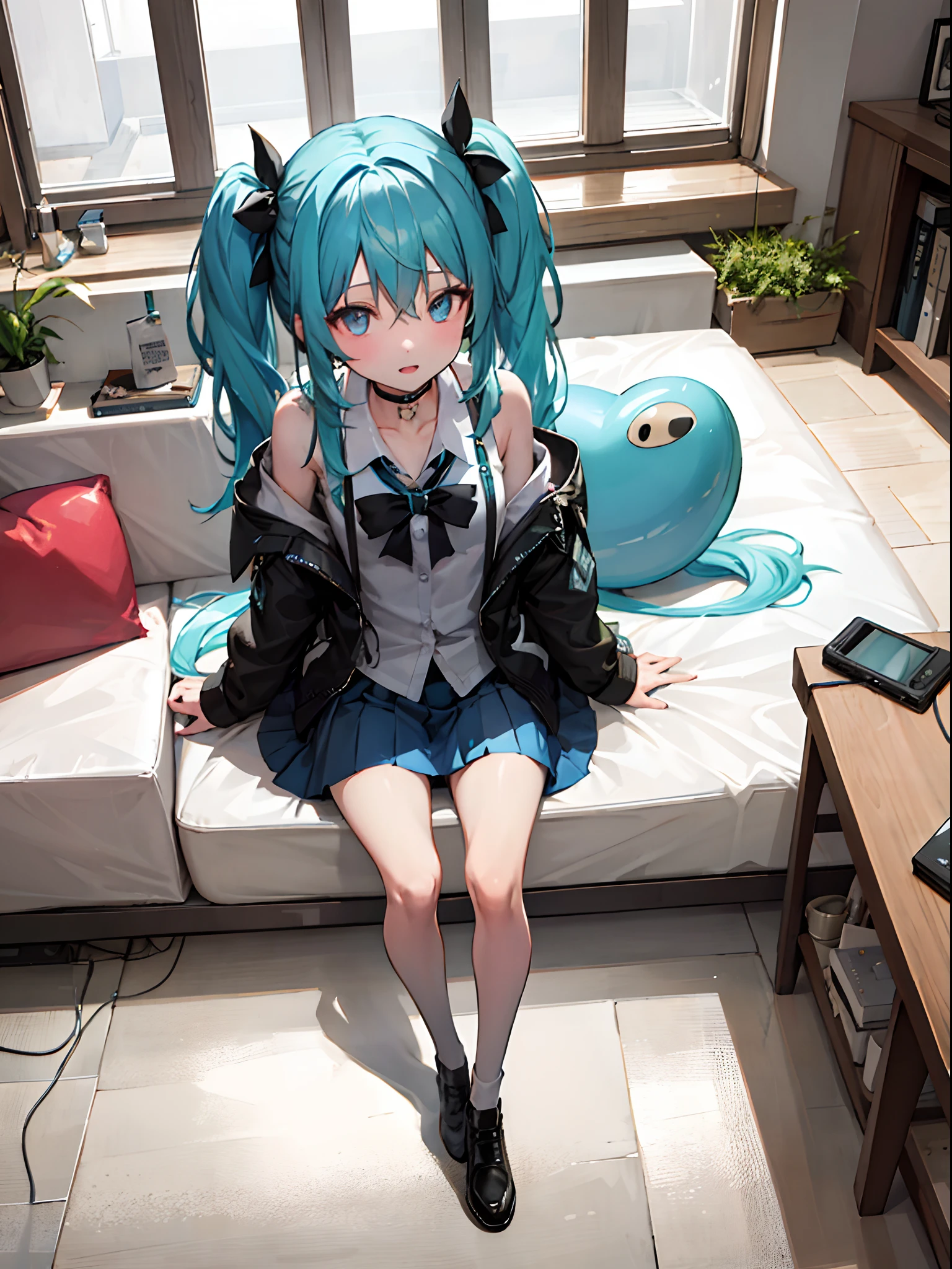 ((Masterpiece,Best quality))1girll, Solo, Black skirt, Blue eyes,, Earphone, Long hair, , music, one side up, blue green hair, double tails, Pleated skirt, Black shirt, Indoors