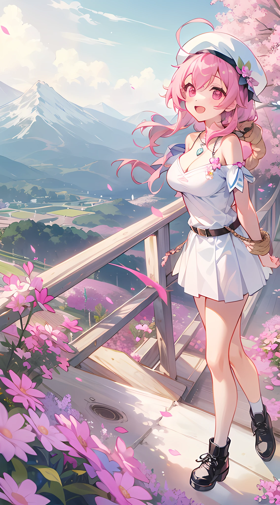 1 girl, game CG, white clothes, cleavage visible, shoulders visible, short white skirt, white beret, jewel pendant, black shoes, gigantic breasts, pink hair, long hair, hair up, princess hairstyle, ahoge , pink eyes, smile, open mouth, ropeway, mountain, flower field,