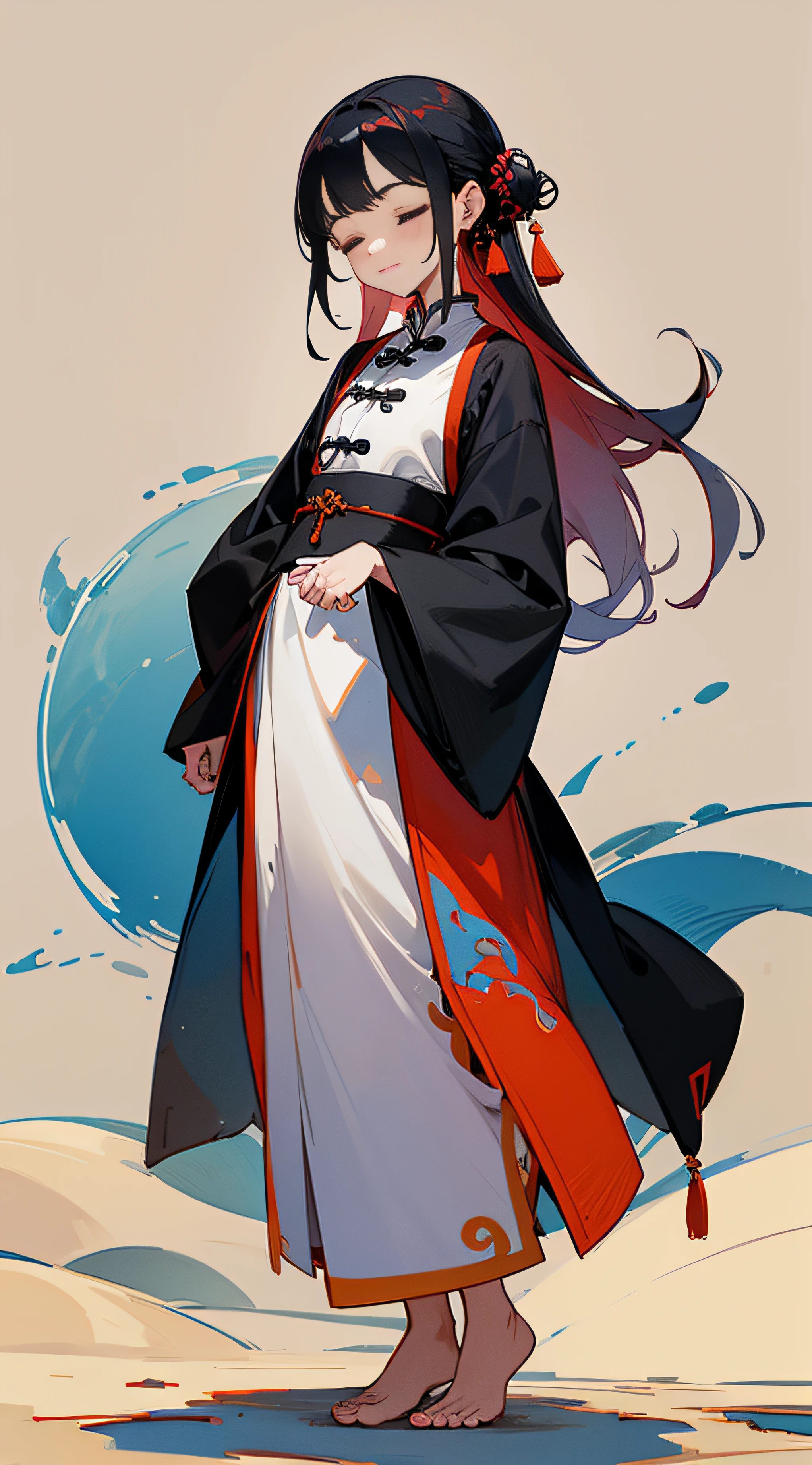 ((8K, Best quality)), ink and watercolor painting, Traditional Chinese painting, crocus, maxikit, Long dress with oriental ethnic colors 1girl, Solo, cabelos preto e longos, ssmile, standing on your feet, Feet in the sand, The barefoot, kanzashi, Closed eyes, Masterpiece,A desert ,Delicate and small face,Gentle temperament --auto