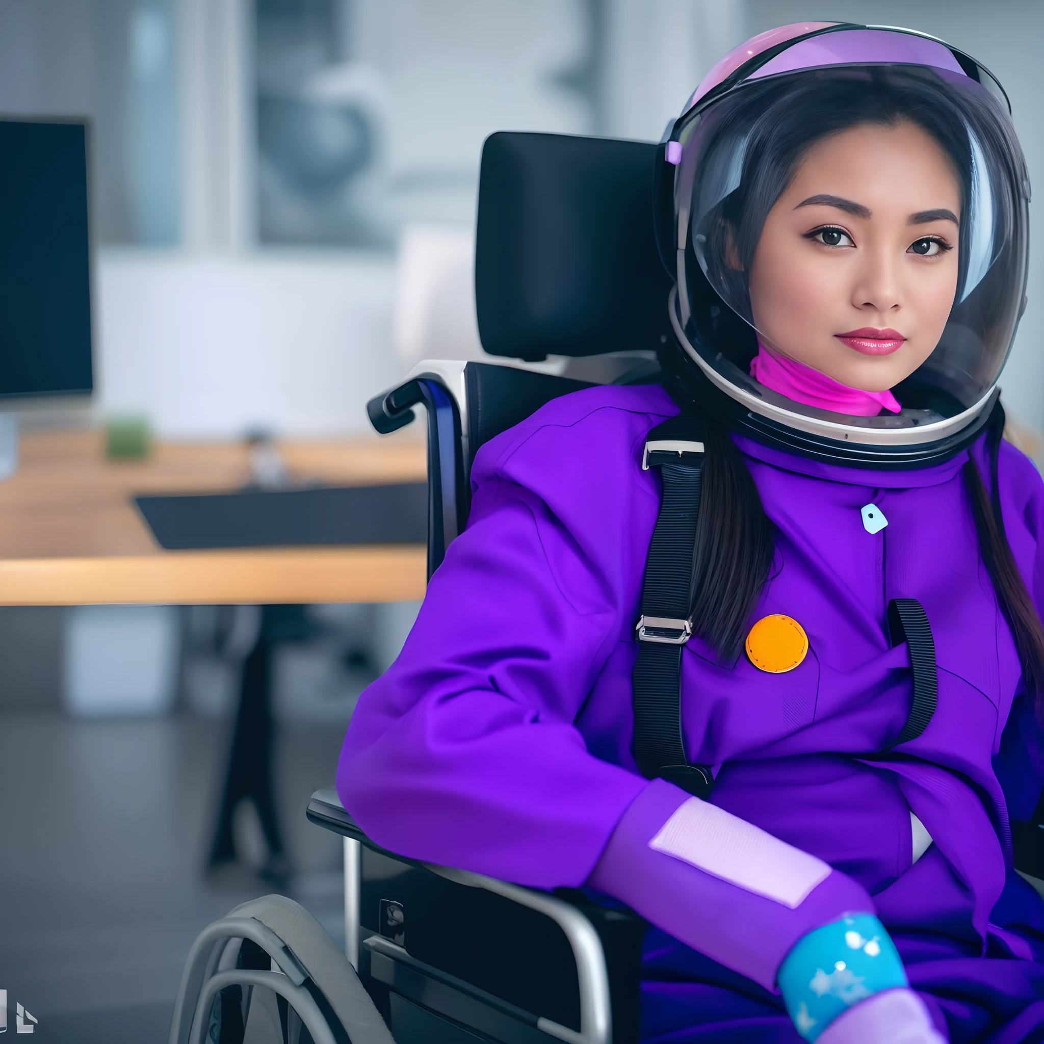 mulher em uma jaqueta roxa e capacete sentado em uma cadeira de rodas, usando um traje espacial, com um traje espacial ligado, powerful woman sitting in space, em traje espacial, usar trajes espaciais, mulher astronauta, fully space suited, girl wearing robotic suit, usando um traje espacial e capacete, mulher no traje espacial, vestindo roupa de astronauta, usa um traje espacial
