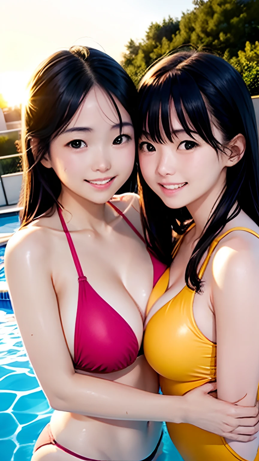 realisticlying，.(Two girls)、22year old、Competitive swimsuit、Snuggle up in the pool，Face Real，Breasts enlarged，the setting sun，Smile，A sexy