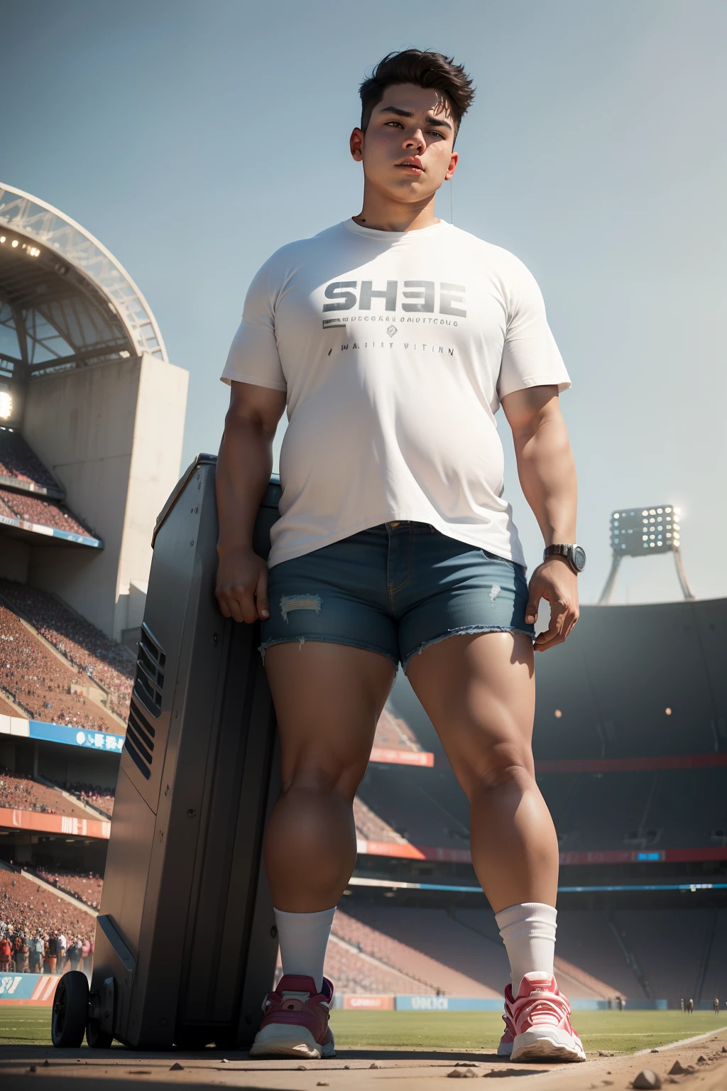 best qualtiy, Full body like,Refined face,15 years old boy,Fat body shape, whitet-shirt, short denim skirt,Stadium scene,Stand tall,The end of the world,Alien invasion,defiance,mechs