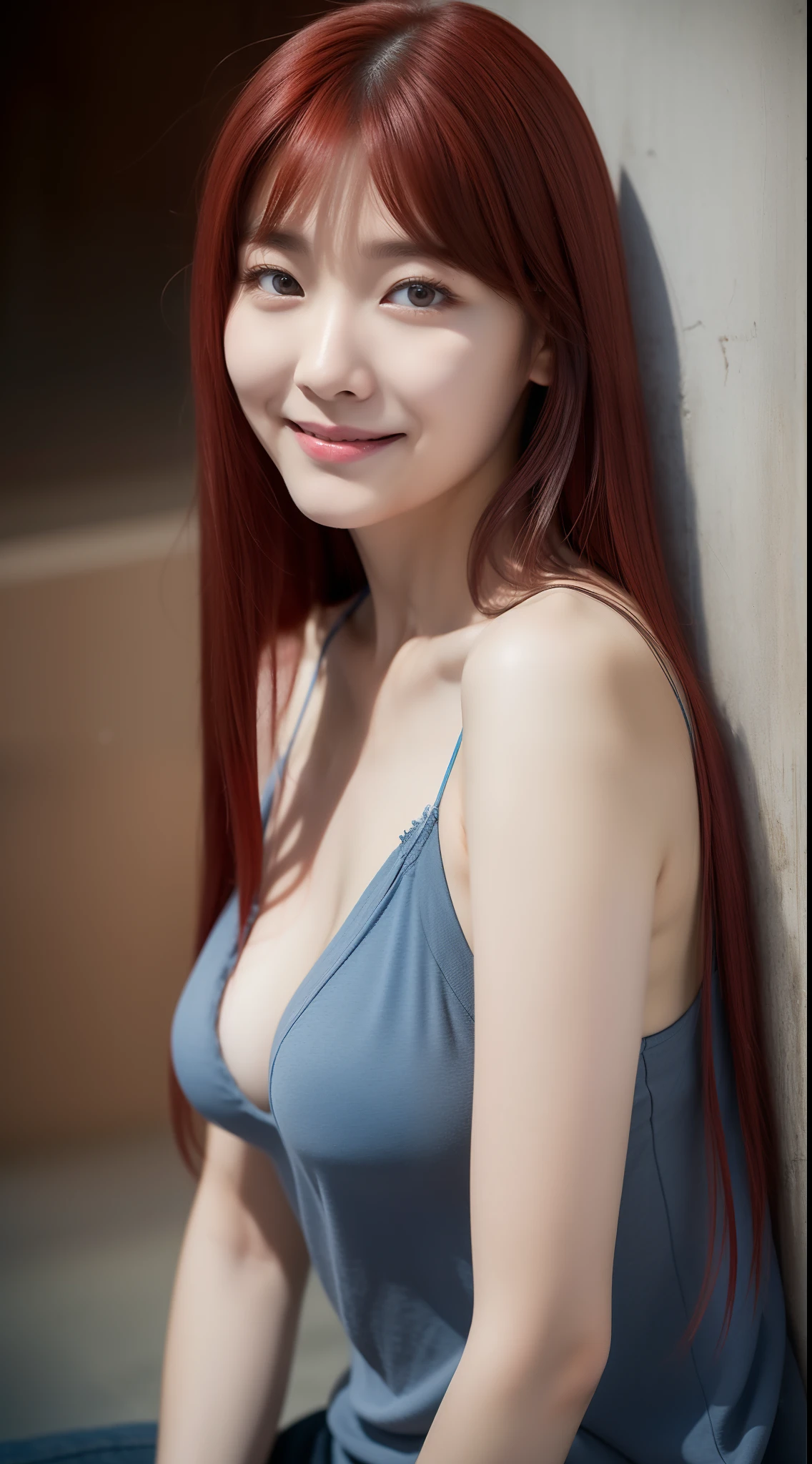 realistic photos of (1 cute Korean star) red straight hair, thin makeup, 32 inch breasts size, slightly smile, wearing gray and blue camisole, sitting against the graffiti wall, close-up portrait, f/1.2, Canon, UHD