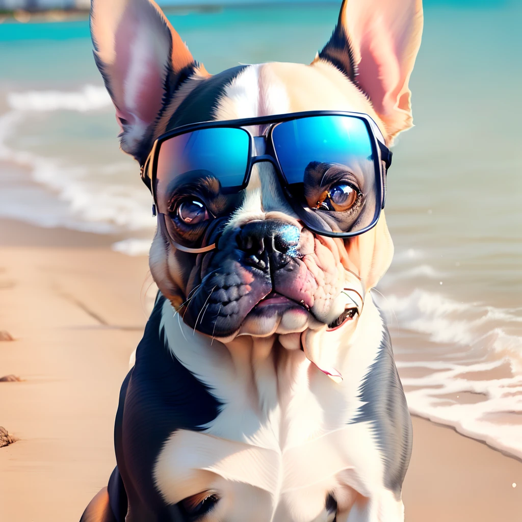 french bulldog, cinza merle (branco marrom e cinza), female, olhos cinzas, sorridente, with sun glasses, Hiper realista, Fofa, cor pop, foco nos detalhes do rosto, fundo colorido, coleira rosa escrito: Aika