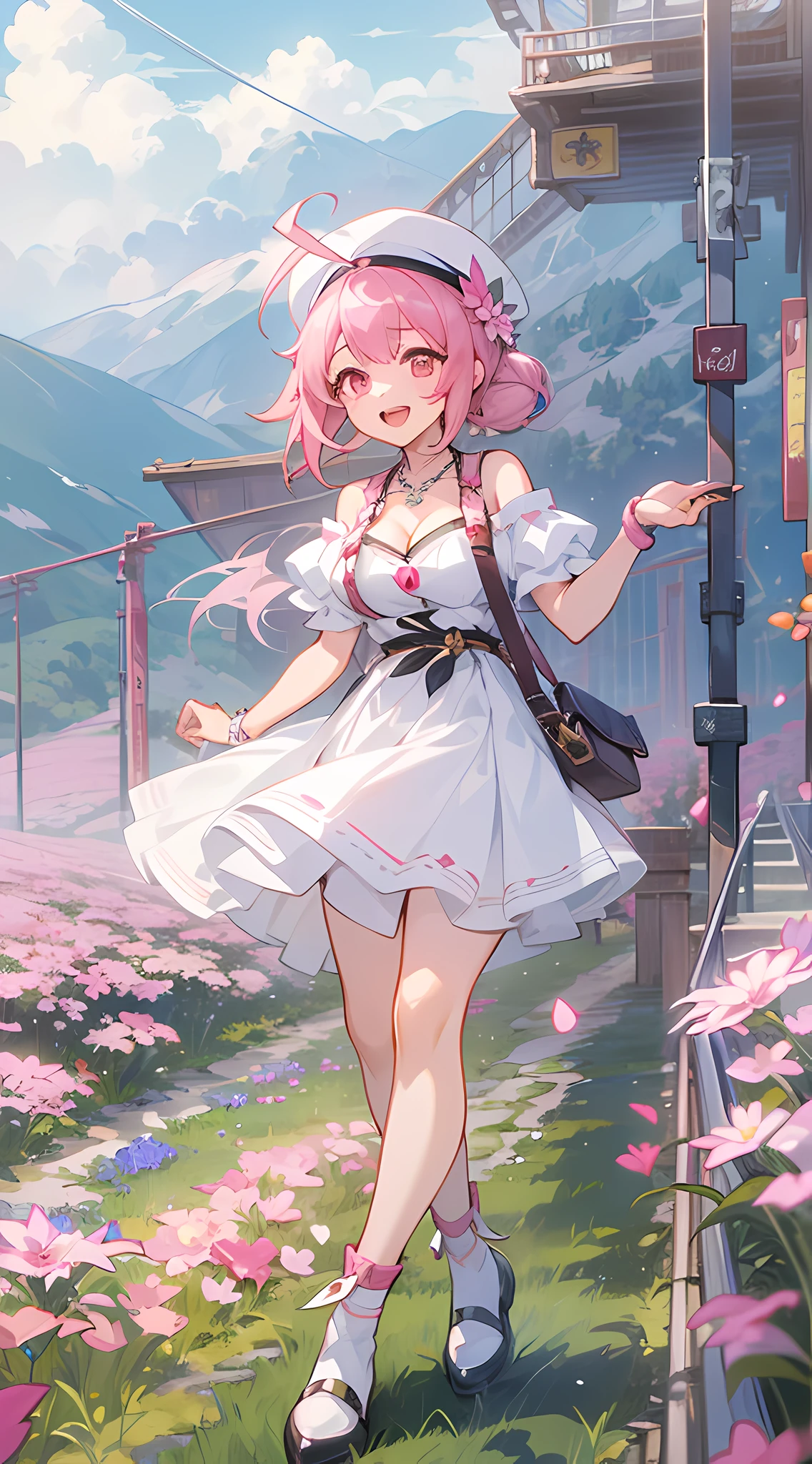 1 girl, game CG, white clothes, cleavage visible, shoulders visible, short white skirt, white beret, jewel pendant, black shoes, gigantic breasts, pink hair, long hair, hair up, princess hairstyle, ahoge , pink eyes, smile, open mouth, ropeway inside, mountain, flower field,
