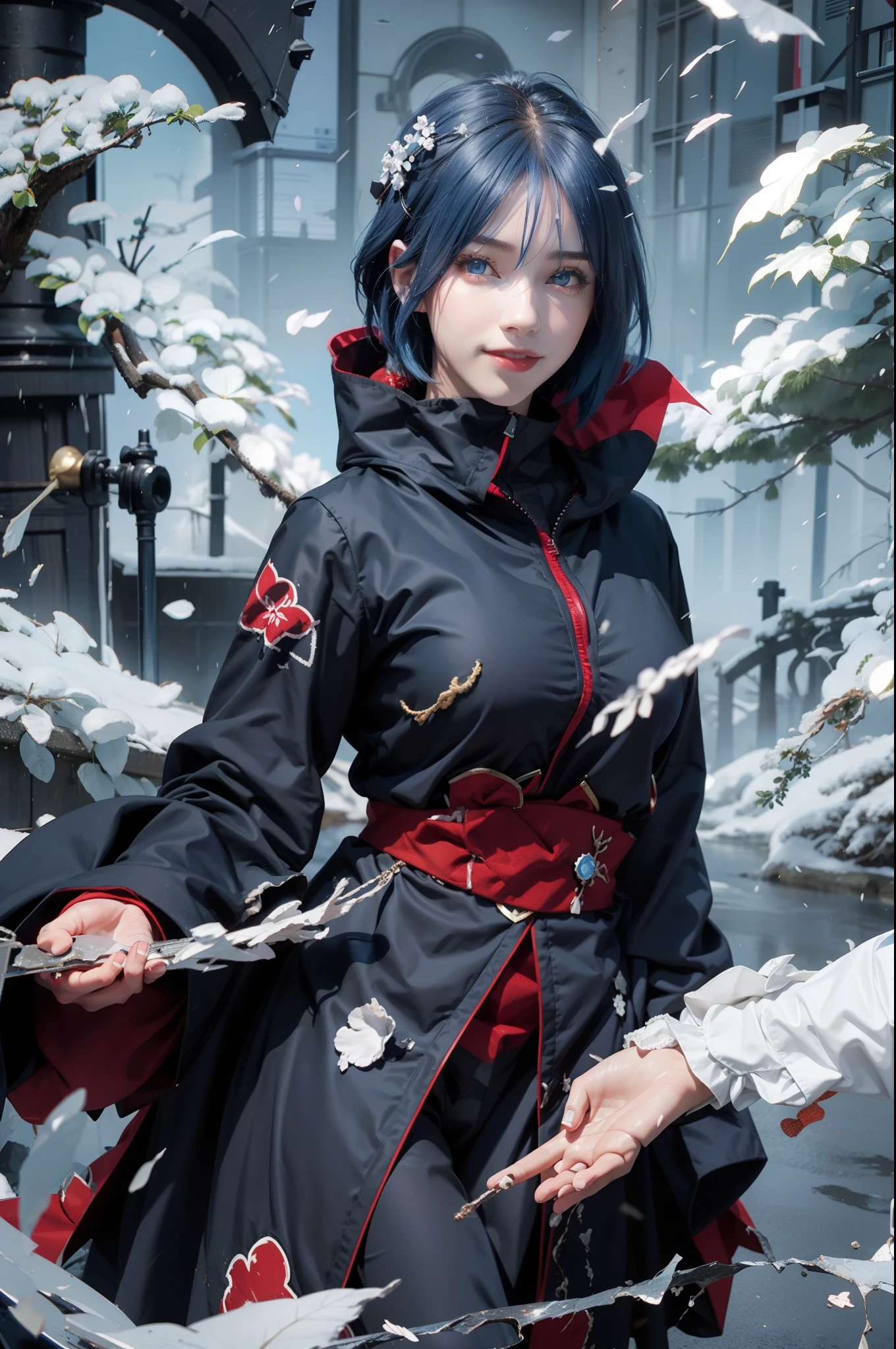 1girl, konan akatsuki, blue hair, short hair, blue eyes, smile, very big breasts, black and red clothes, realistic, ultra detail, outdoor background