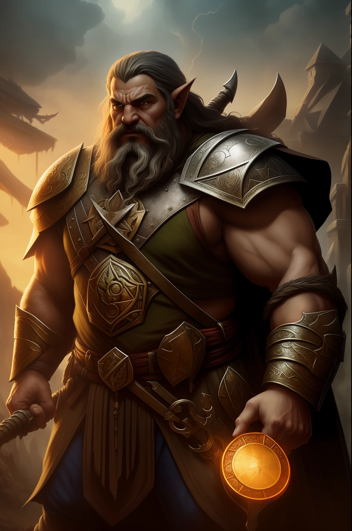 Grupo de aventureiros de RPG, um guerreiro berserker humano, um arqueiro elfo, a dwarf tank with a large shield and a healer shaman beast-man next to the elf, taverna ao fundo, 4k, motor irreal, intrincado, altamente detalhado, beautiful lighting, light mist , 8k, trending on ArtStation, profissional, dramatic, illustration, arte de Artgerm e Greg Rutkowski e Alphonse Mucha, retrato premiado, f/22, symmetr, dinamic poses.