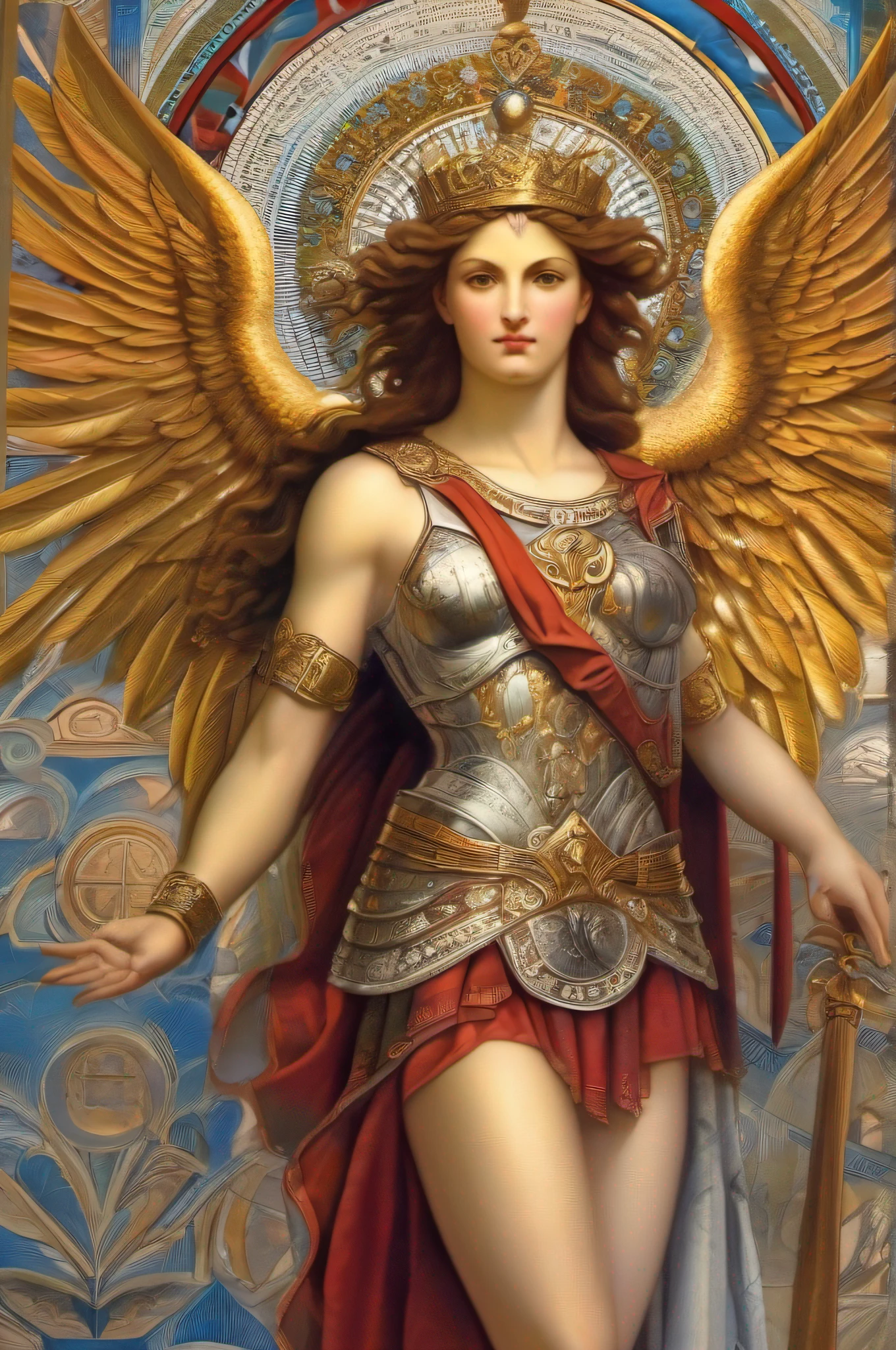 Archangel Michael is portrayed as a majestic and imposing figure. Ele possui asas largas e resplandecentes que se estendem com poder e autoridade. His bearing is haughty and his expression is determined, reflecting his position as leader of the heavenly armies. His armor is shiny and intricate, simbolizando sua natureza divina e seu papel como protetor.