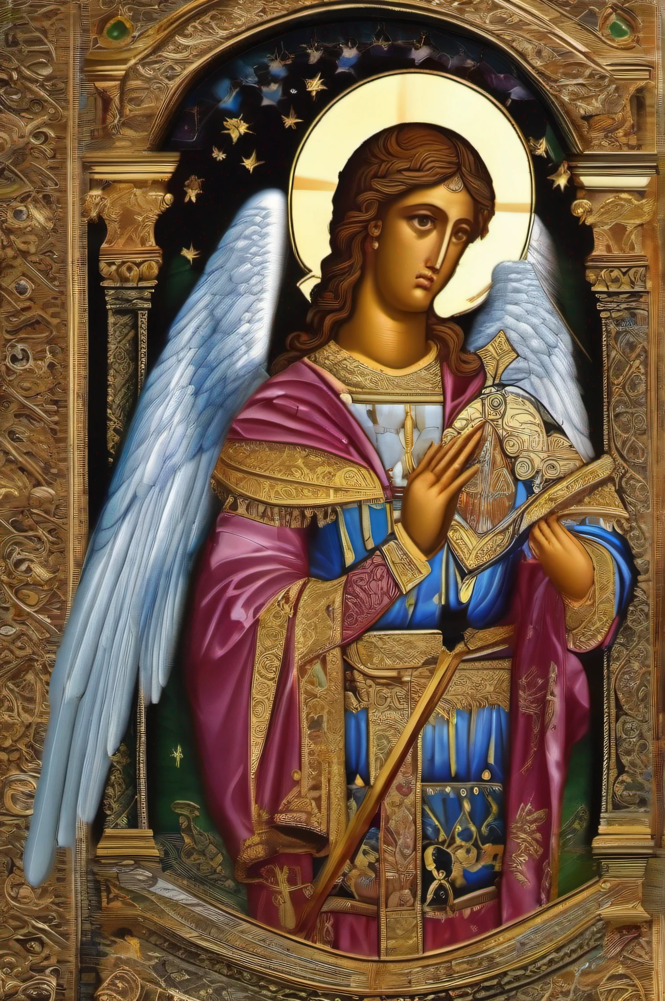 Archangel Michael is portrayed as a majestic and imposing figure. Ele possui asas largas e resplandecentes que se estendem com poder e autoridade. His bearing is haughty and his expression is determined, reflecting his position as leader of the heavenly armies. His armor is shiny and intricate, simbolizando sua natureza divina e seu papel como protetor.
