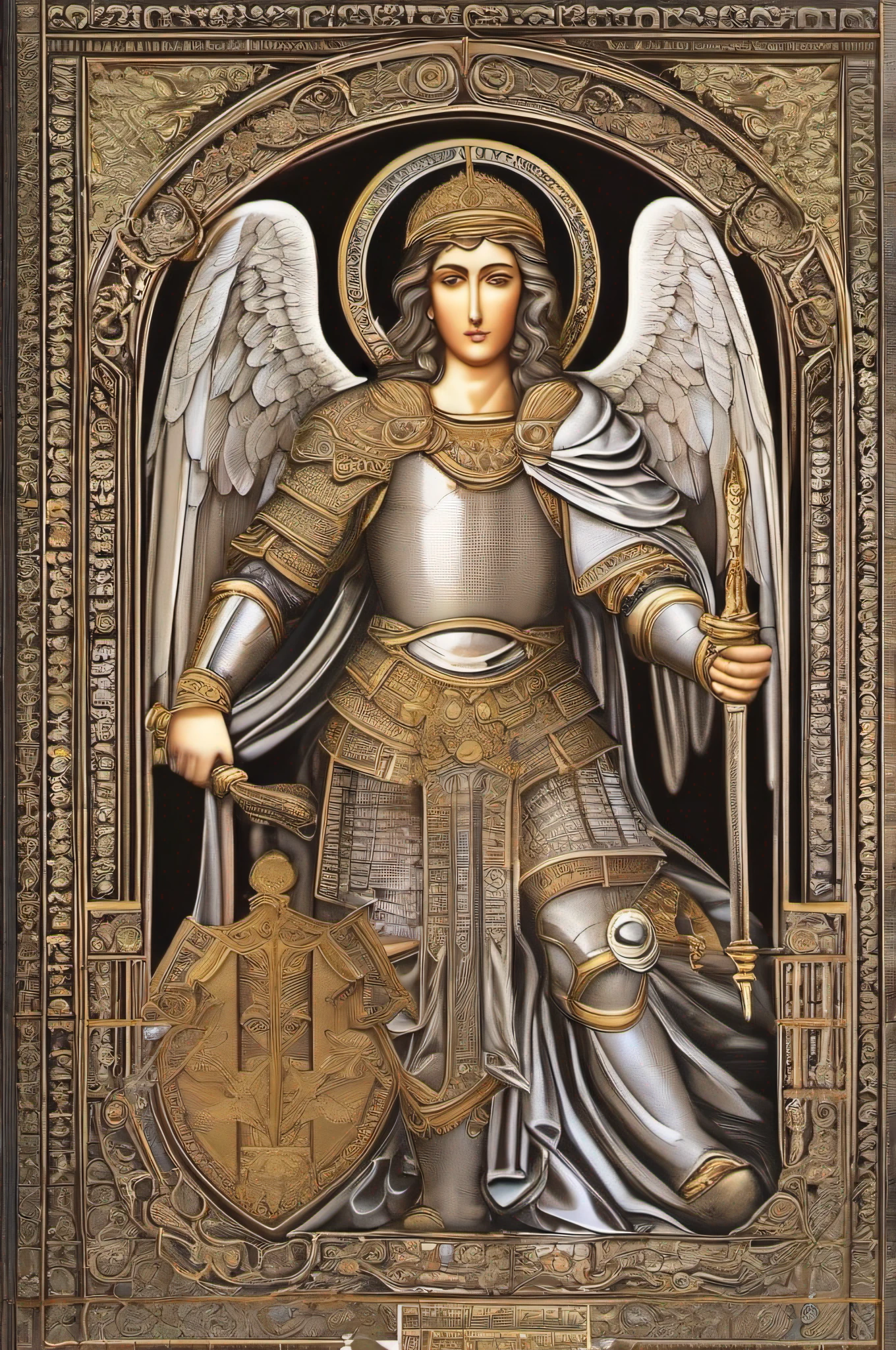 Archangel Michael is portrayed as a majestic and imposing figure. Ele possui asas largas e resplandecentes que se estendem com poder e autoridade. His bearing is haughty and his expression is determined, reflecting his position as leader of the heavenly armies. His armor is shiny and intricate, simbolizando sua natureza divina e seu papel como protetor.