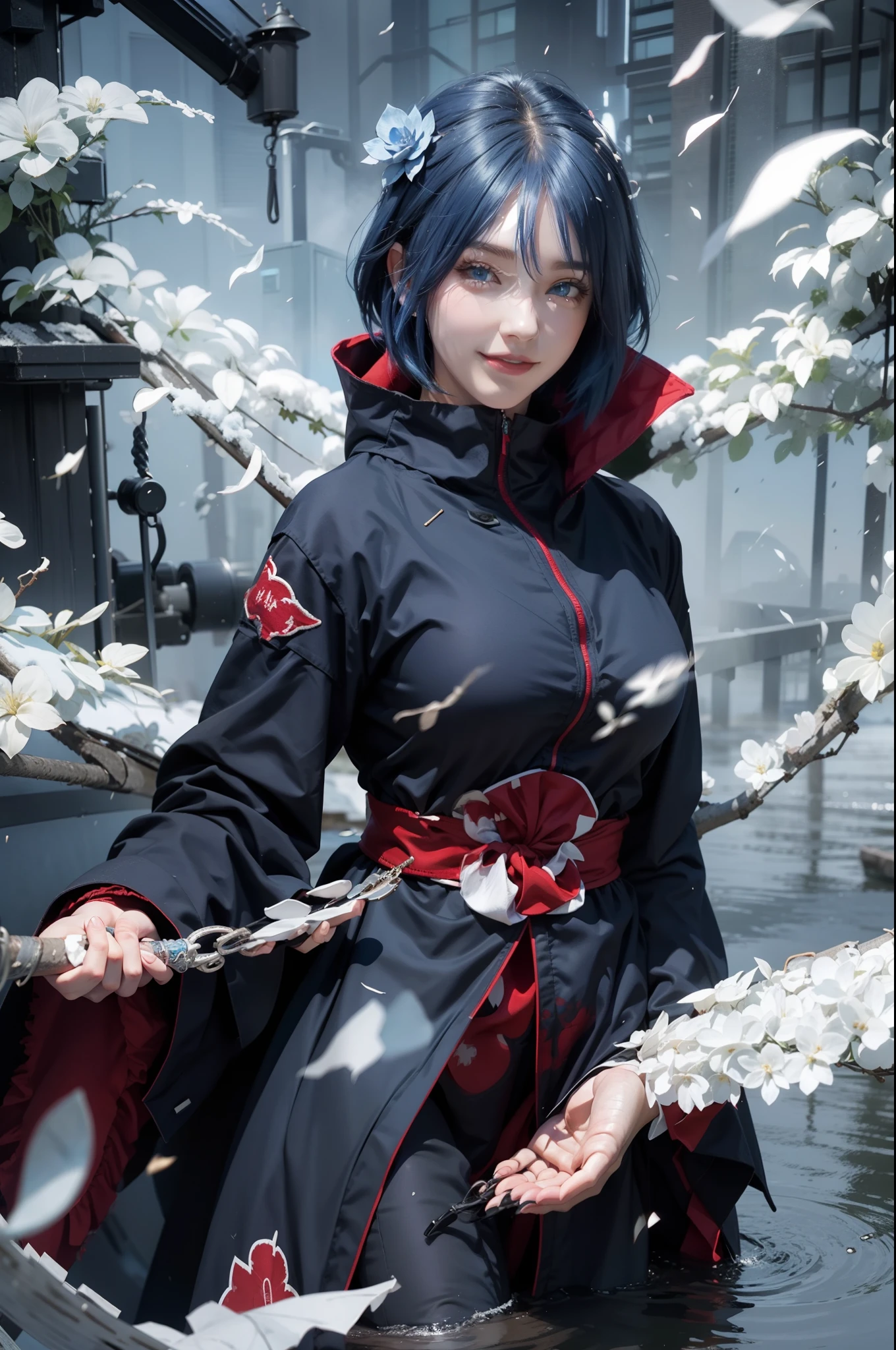 1girl, konan akatsuki, blue hair, short hair, blue eyes, smile, very big breasts, black and red clothes, realistic, ultra detail, outdoor background