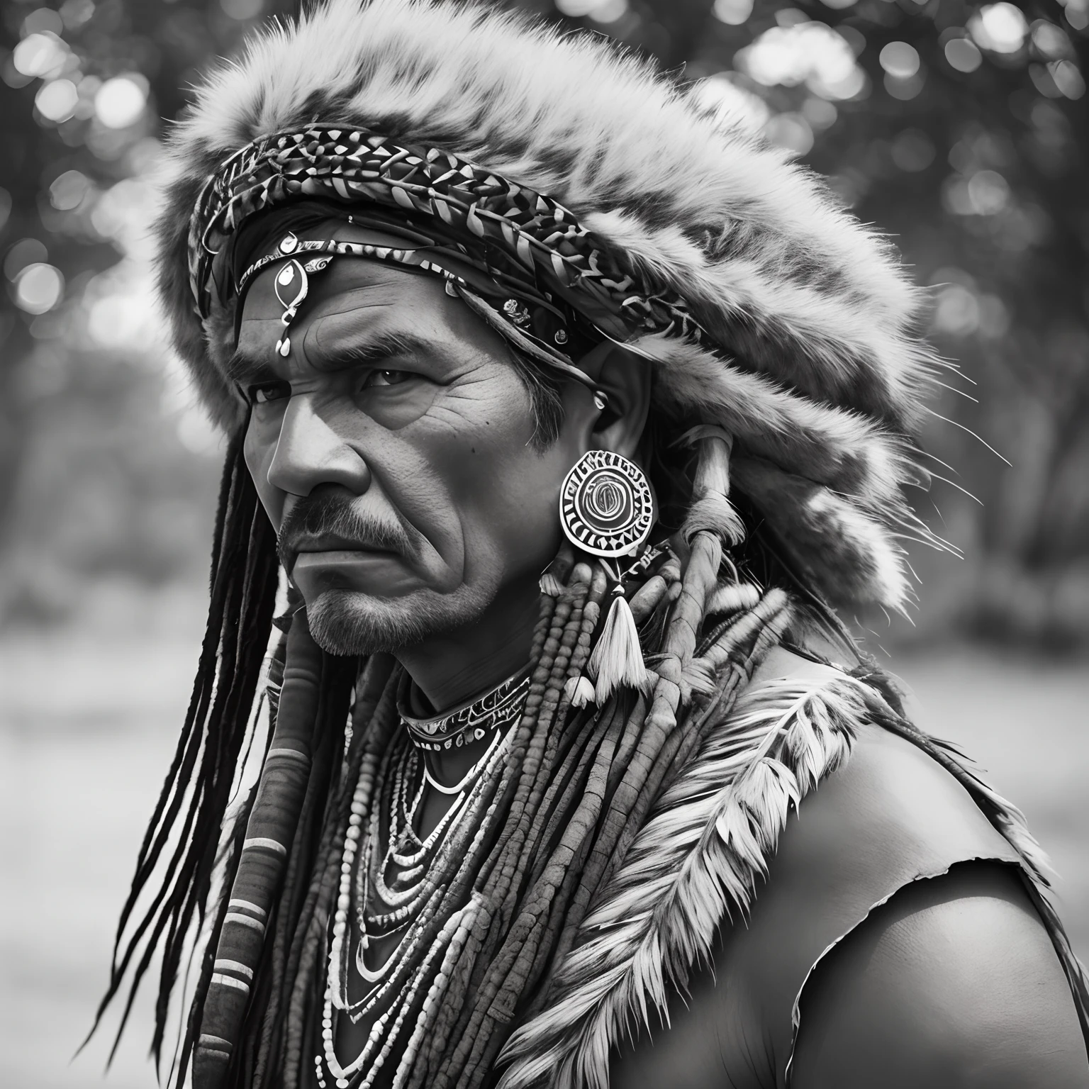 "A photo of a tribal leader (Primeiro plano, Estilo de filme, alta qualidade, Preto e branco)"