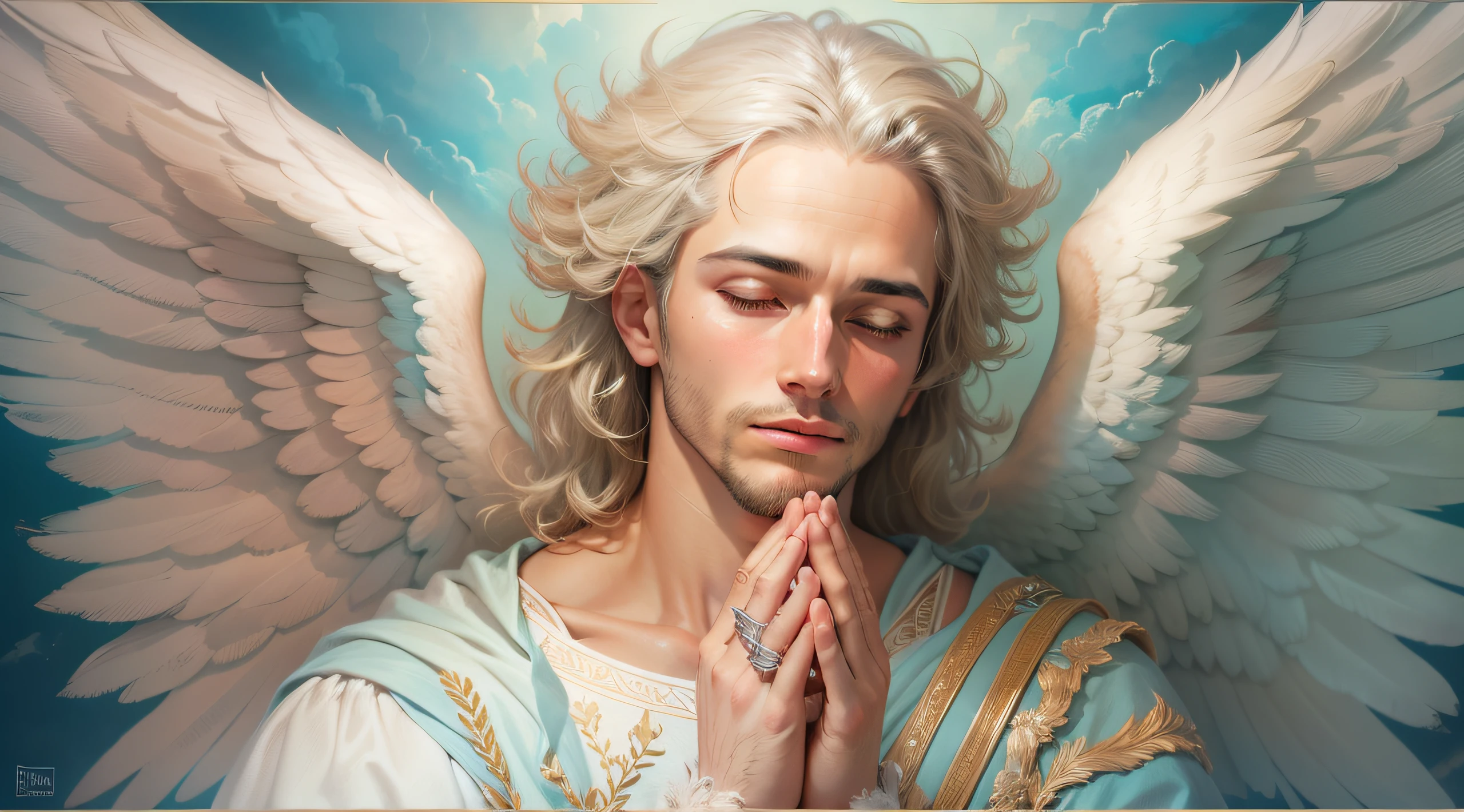 An angel with white hair and blue wings is praying, anjo biblicamente acuado, Retrato de um anjo bonito, cheio de pinturas de anjos, anjo bonito, de anjo lindo, majestoso homem de santo, finely detailed angelic face, angelic, anjo biblicamente preciso, angelic, anjo masculino bonito, KING of Heaven, biblical accurate angel, angelic features, sky and clouds, Arcanjo Gabriel