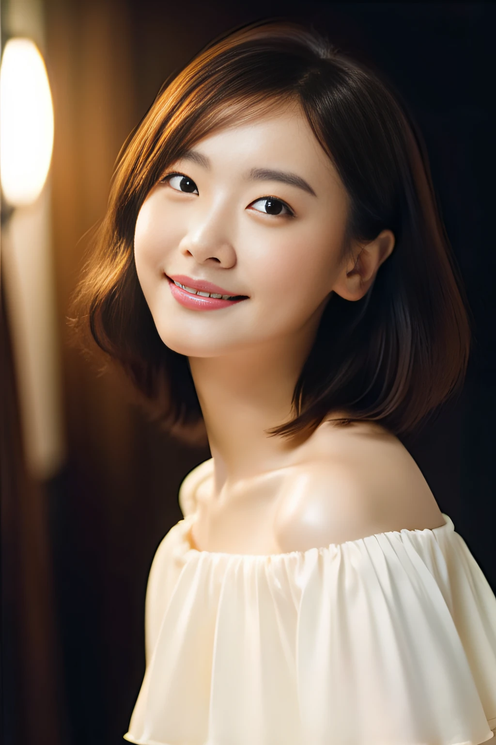 slightly red cheeks,top-quality、masterpiece、超A high resolution、Raw foto、1girl in、off shoulders、murky、discret smile、cold light、Sexy appearance、shorth hair