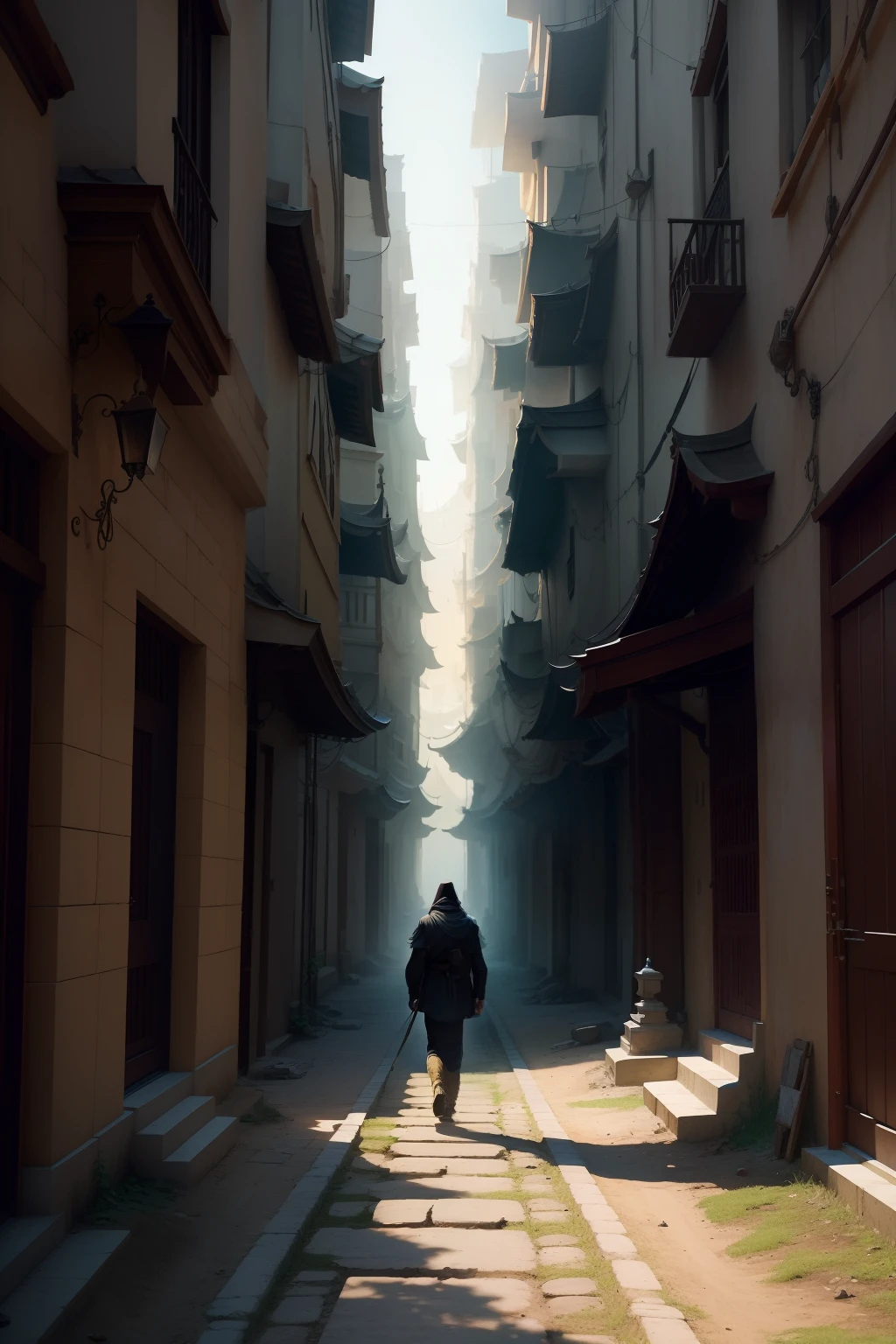 A person stands on a forked path，On one side is full of light，big breasts beautiful，The world of truth and kindness，On the other side is darkness，ugliness，A world of falsehood and malice，He is thinking deeply。