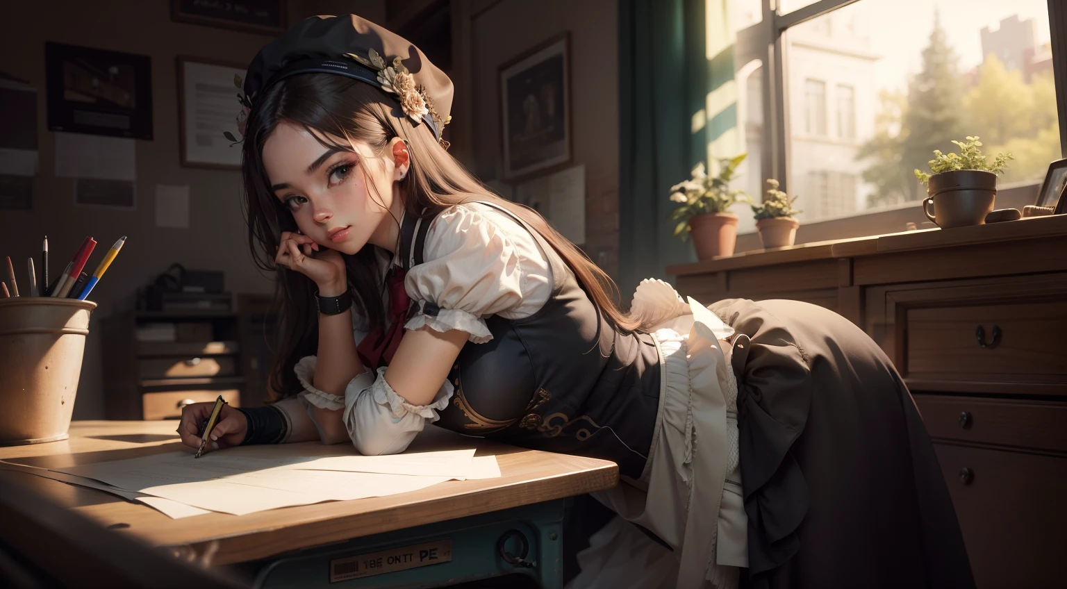 On the bench.desks