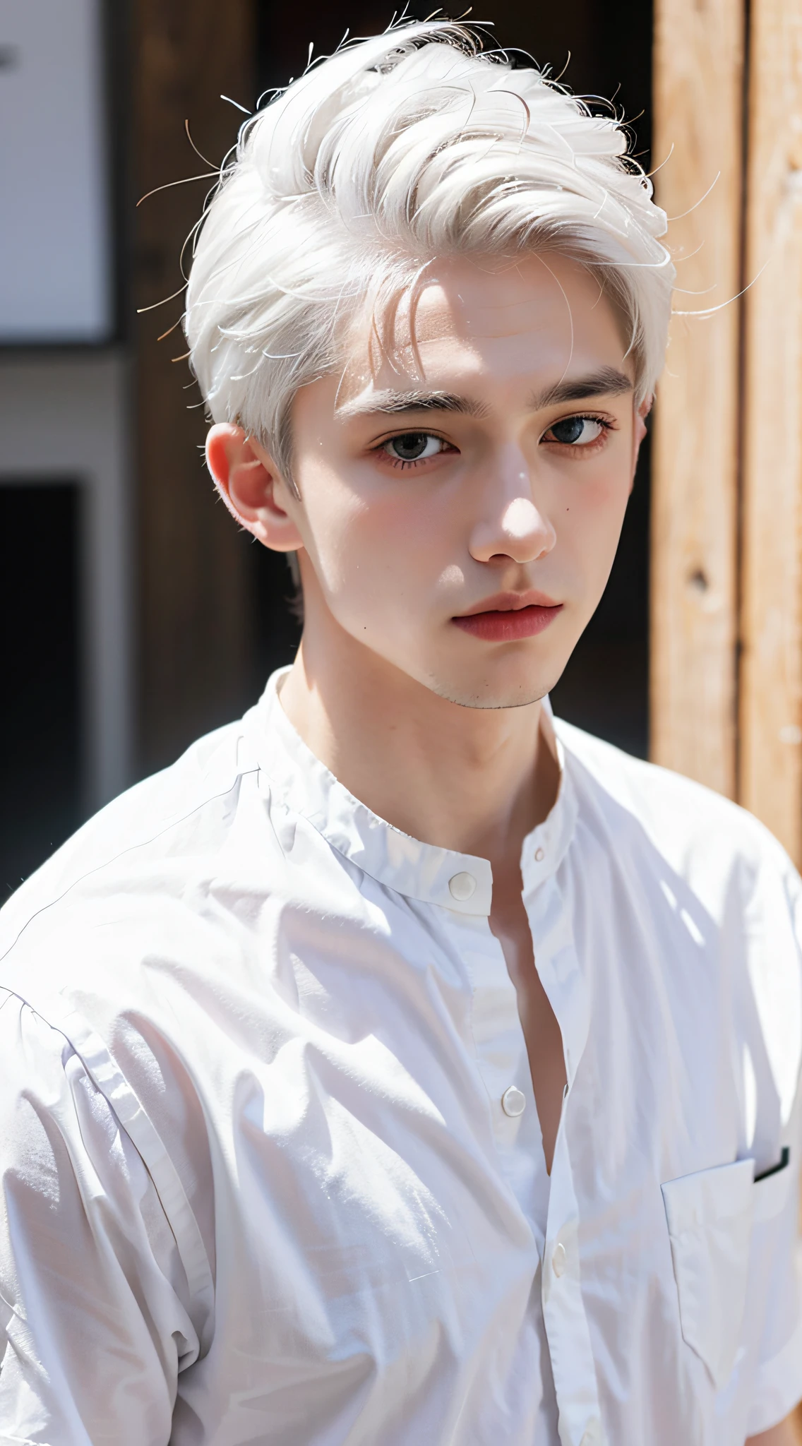 A boy with white hair，White shirt，Gutwez-style artwork，best qualtiy