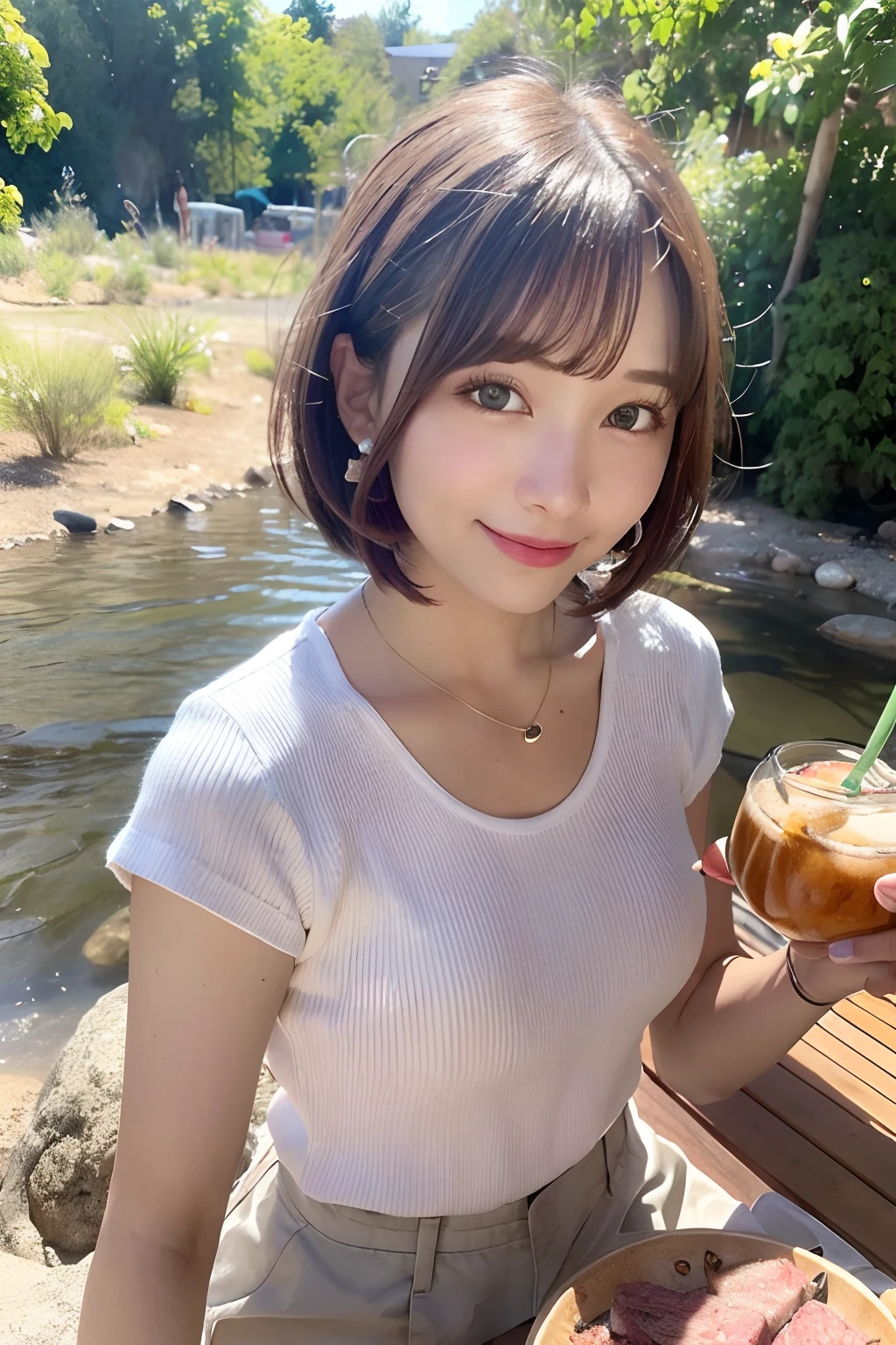 (masutepiece,Best Quality,hight resolution,Realistic,Portrait photos,), (Solo Beauty Idol Girl,),(Light brown and pink striped hair,Straight Bob Cut Hair,hair pin,),Happy smiling face、Girl enjoying barbecue on beautiful riverbed,(Roast the meat on a strong fire with a drink in one hand:1.3),Loose T-shirt.mid-riff peak,shortpants,Necklace,Piercing,Beautiful hands,Beautiful fingers,
(Looking at Viewer,),(sun beam, Backlighting,)(Full body shot,),