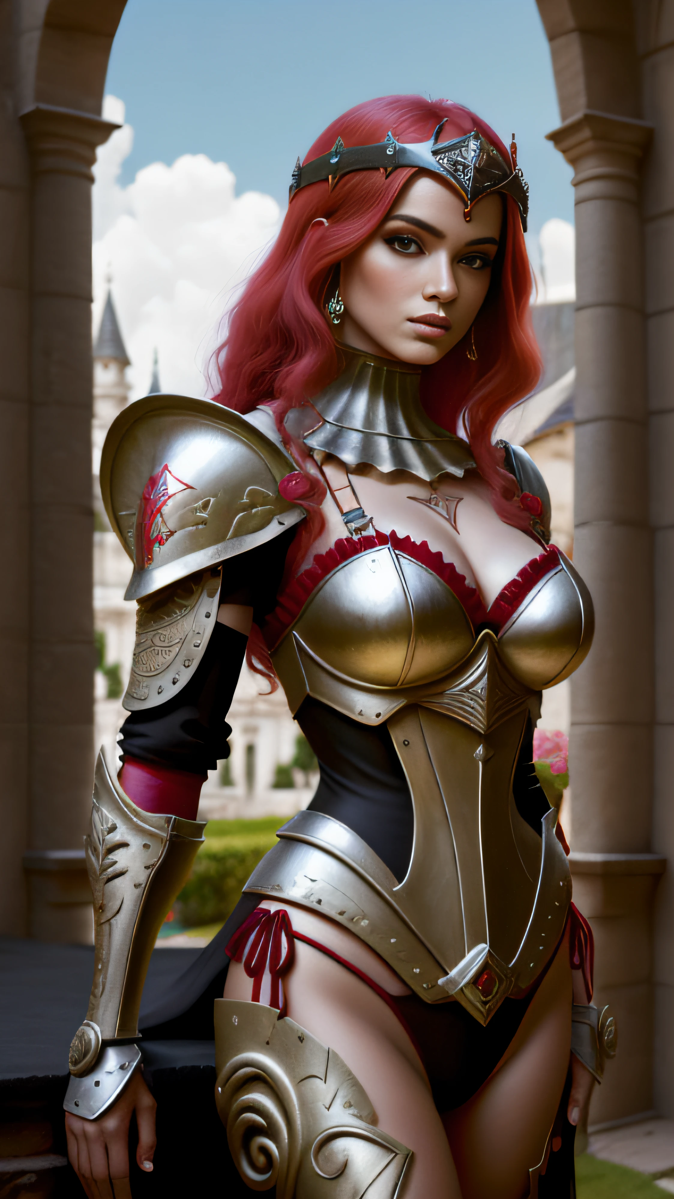 ((cabello rojo)), Mujer con armadura roja, posing in the garden, un castillo al fondo, Hermosa princisa femenina, hermoso vestido rosa, Fantasy Woman, Impresionante figura, vestido de bikini, mujer sexy, Wearing fancy dress, Fantasy Woman, diosa. Detalle extremadamente alto,