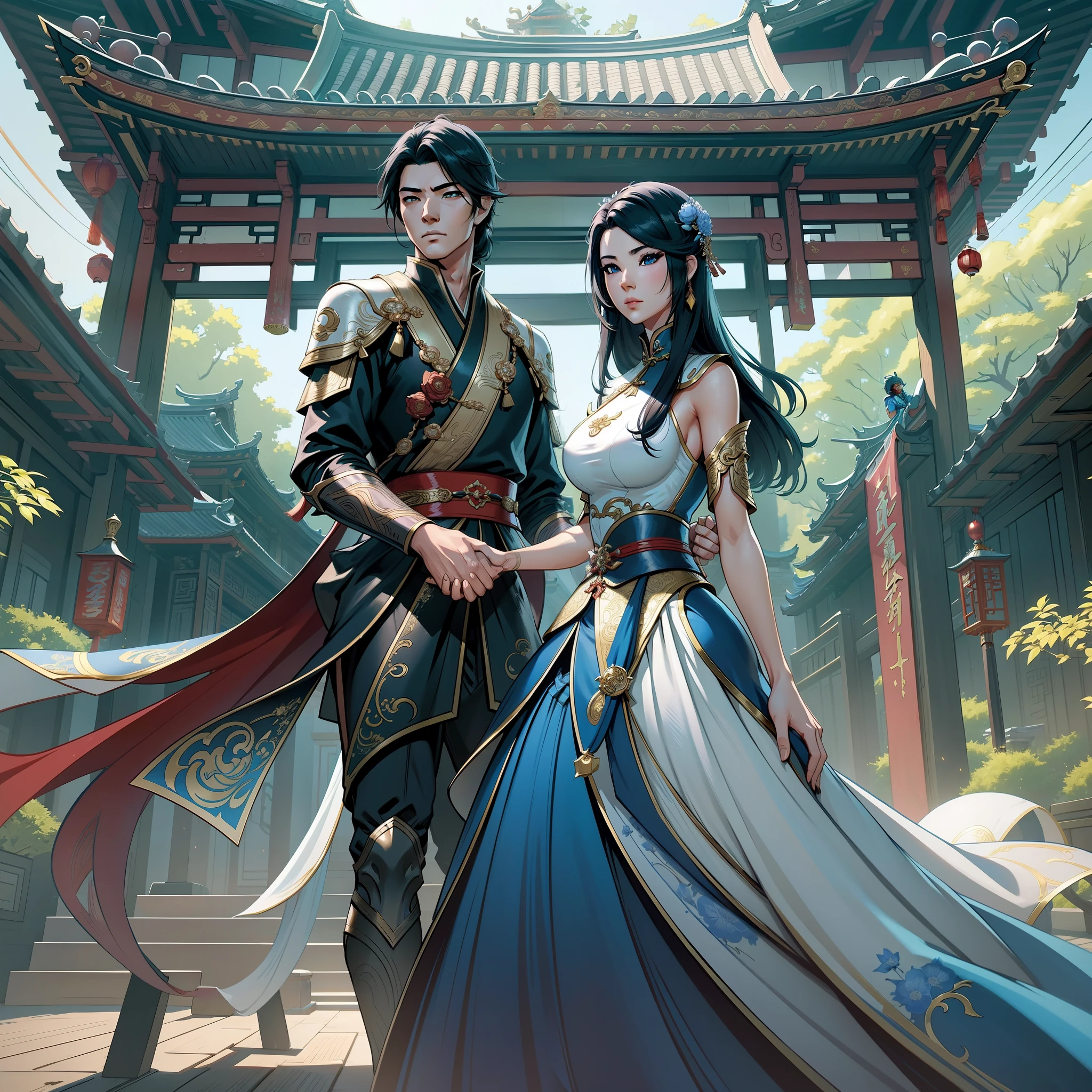 two beautiful women in ball gowns holding the hands of a young man in his 30's, a hero in wuxia style, cute scene, in a chinese temple, in the style of blade and soul, detailed character design, fun scene, very highly detailed face, unreal engine render, final fantasy 14 style, lunar themed attire, costume with blue accents