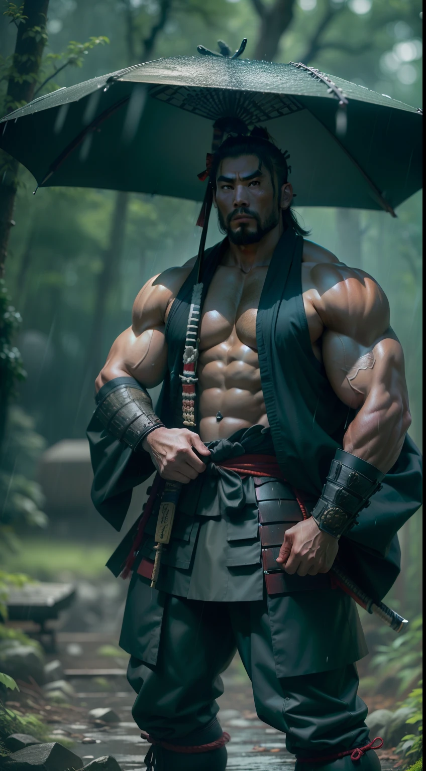((A samurai, super strong, Bodybuilder, muscular,)) wearing a stylish outfit, raining, a Forest in The background, 35mm lens, photography, ultra details, precise texture details HDR, UHD,64K