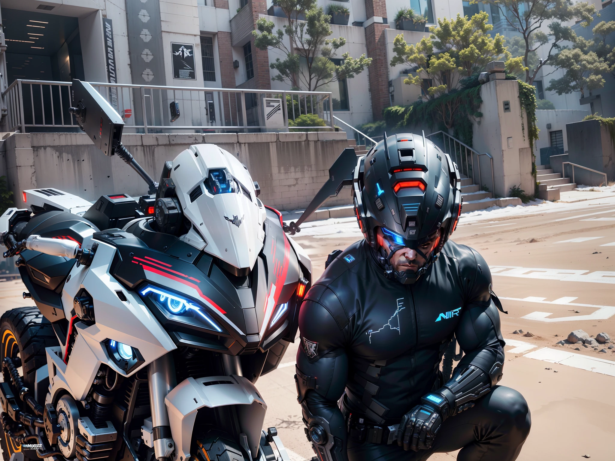 Muscle male cyberpunk warrior,White mech costume,Sophisticated black tech helmet,Nousr, Biomechanicals, MSHN Robot Woman,High-tech helmet,hyper realisitc, Steel, Complex design, insanely details, finely detailled, Extremely clear lines, cinmatic lighting, photograph realistic, A detailed masterpiece