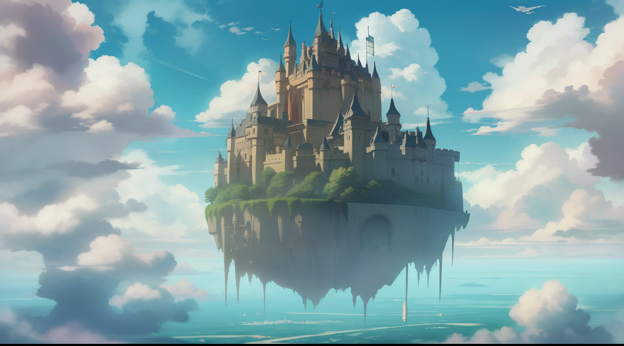 Studio Ghibli,((Castle in the Sky:1.3))((very beautiful)),bright tones,Castle in the Sky Laputa,((floating castle)),landscape, extremely ,,( best quality, masterpiece:1.2)(1Castle),Studio Ghibli,(fine weather:1.3),fantasy,(floating castle) highly detailed CG unified 8K wallpapers
