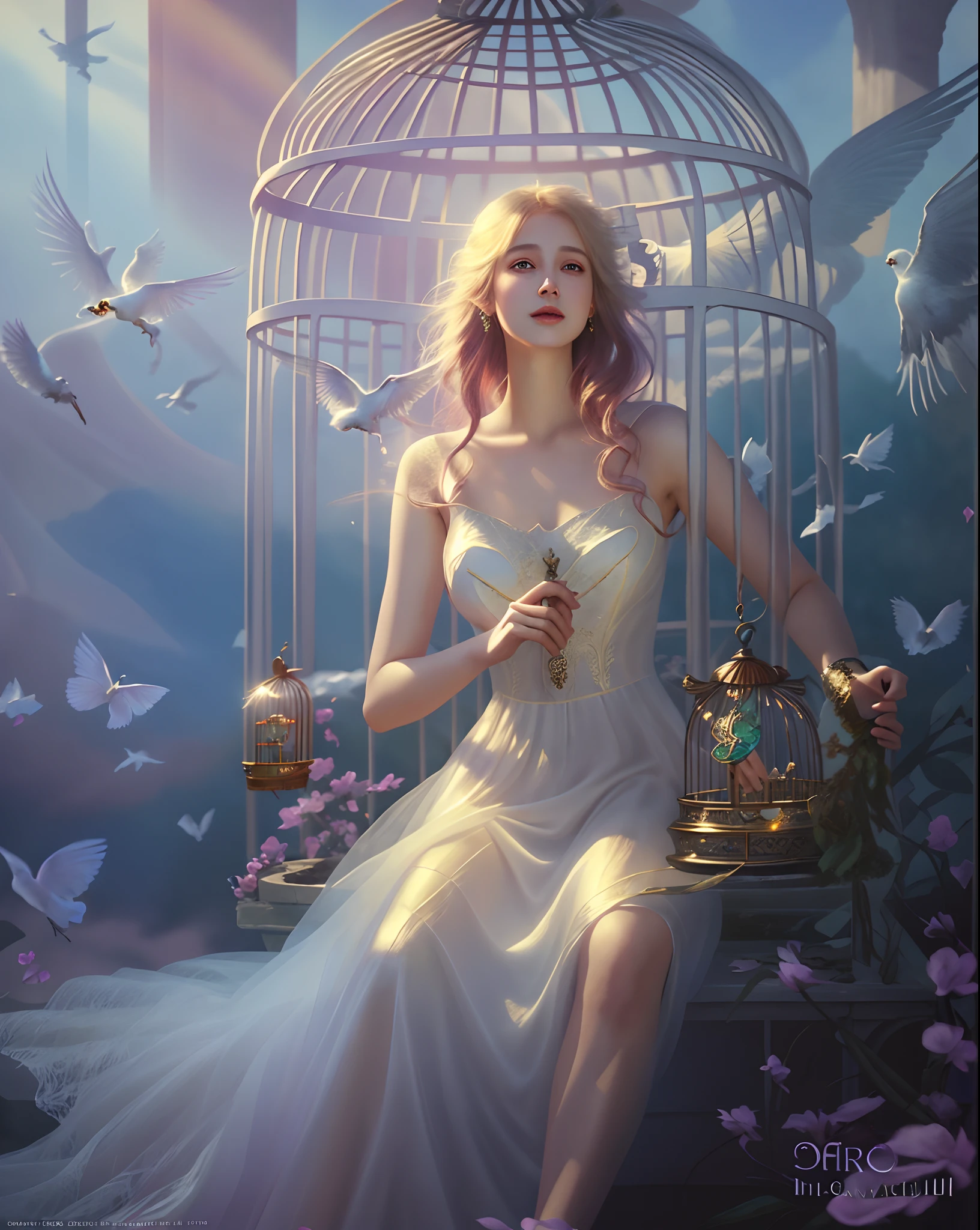 arafed image of a woman in a white dress sitting in a bird cage, beautiful fantasy art, beautiful fantasy art portrait, very beautiful fantasy art, beautiful gorgeous digital art, beautiful fantasy maiden, beautiful fantasy portrait, beautiful maiden, beautiful digital artwork, digital art fantasy art, beautiful fantasy painting, breathtaking fantasy art, beautiful fairy, fantasy beautiful, magali villeneuve'