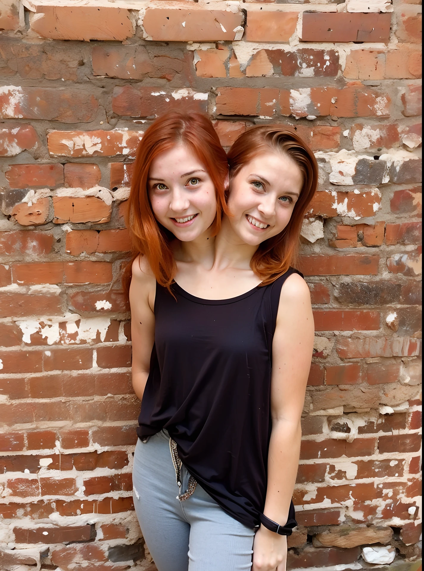 2heads, two headed girl, (young teenager:1.5), (female:1.5), (two heads attached to one body:1.4), (redhead:1.3), (scottish:1.5), conjoined twins, heads side by side, one torso, young, uncomfortable, barefoot