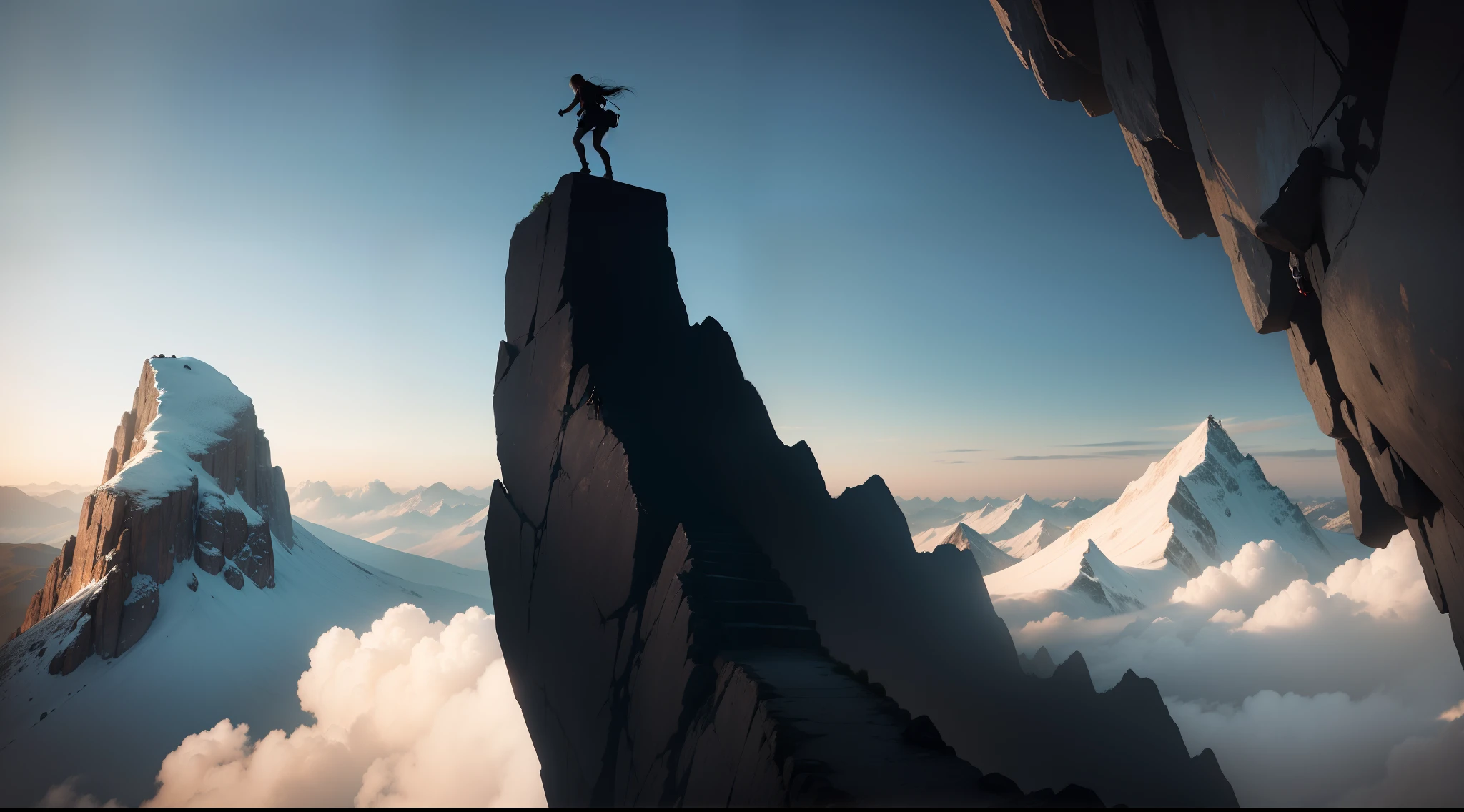A silhouette figure climbing a mountain, overcoming obstacles