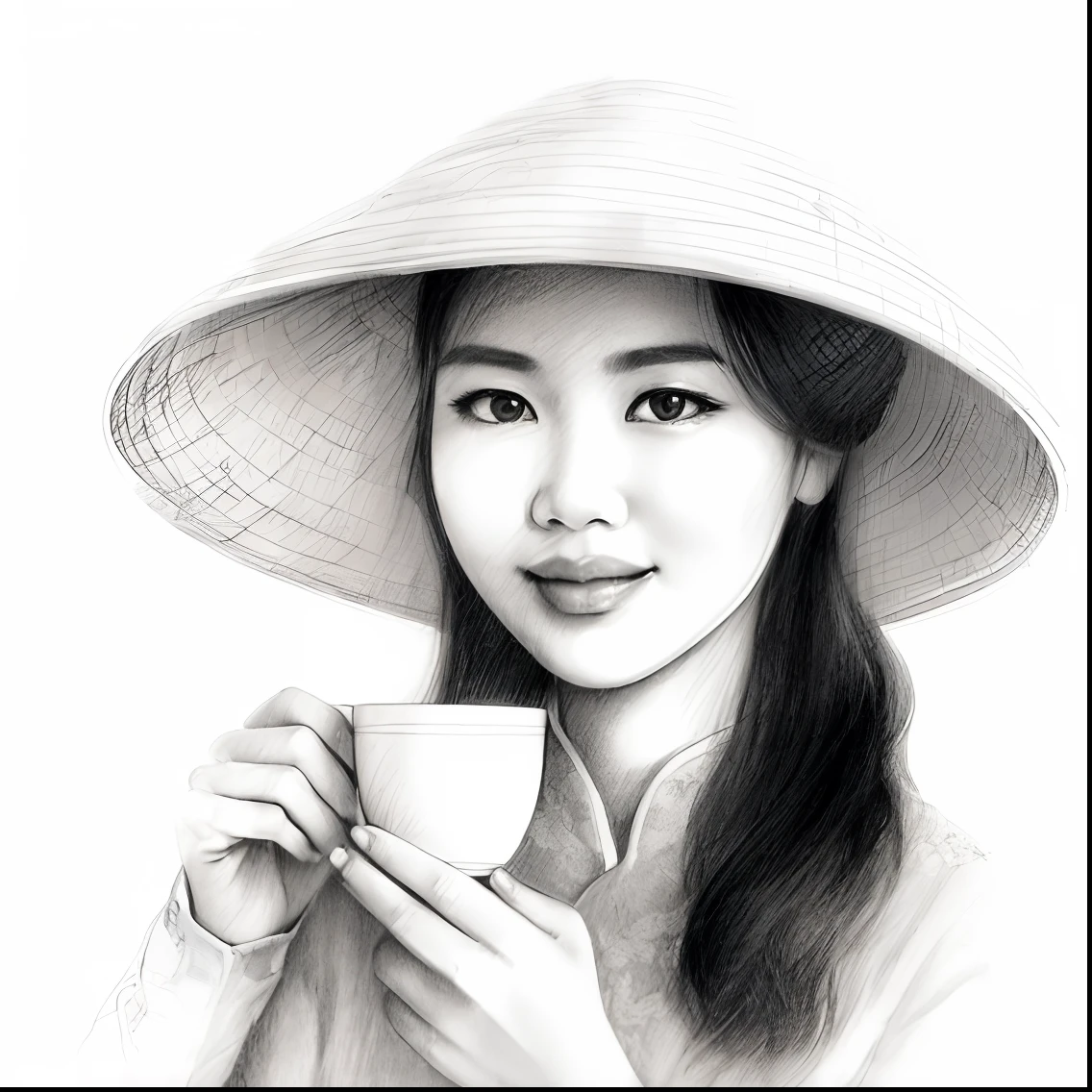 drawing of a woman in a hat holding a cup of coffee, vietnamese woman, pencil drawing illustration, detailed illustration portrait, sketch illustration, portrait of morning coffee, traditional portrait, portrait illustration, asian woman, detailed portrait, traditional drawing style, inspired by Tan Ting-pho, detailed face of a asian girl, drinking tea, highly detailed portrait, a beautiful artwork illustration