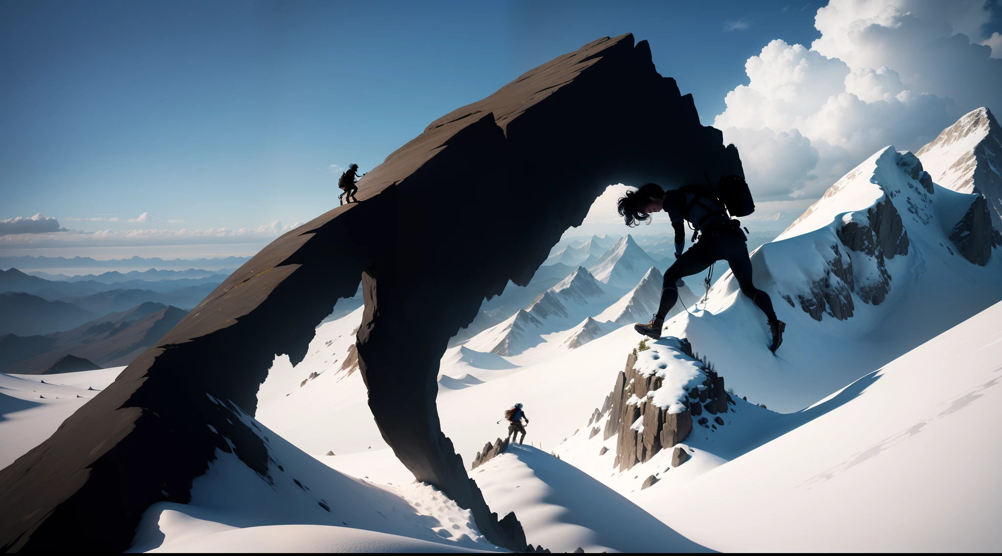 A silhouette figure climbing a mountain, overcoming obstacles
