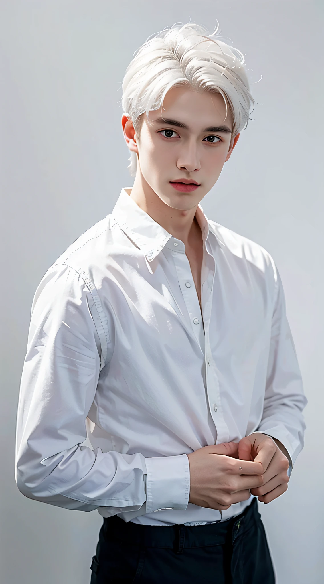 A boy with white hair,White shirt,Gutwez-style artwork,best qualtiy