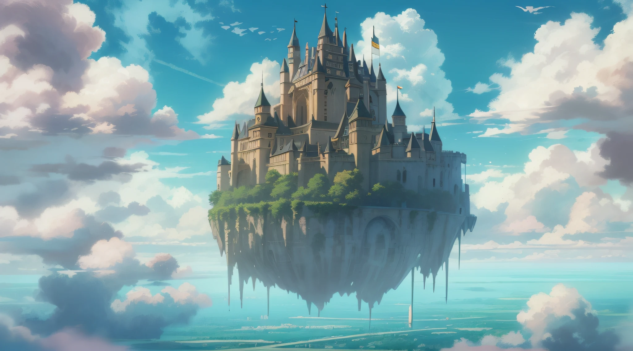 Studio Ghibli,((Castle in the Sky:1.3))((very beautiful)),bright tones,Castle in the Sky Laputa,((floating castle)),landscape, extremely ,,( best quality, masterpiece:1.2)(1Castle),Studio Ghibli,(fine weather:1.3),fantasy,(floating castle) highly detailed CG unified 8K wallpapers