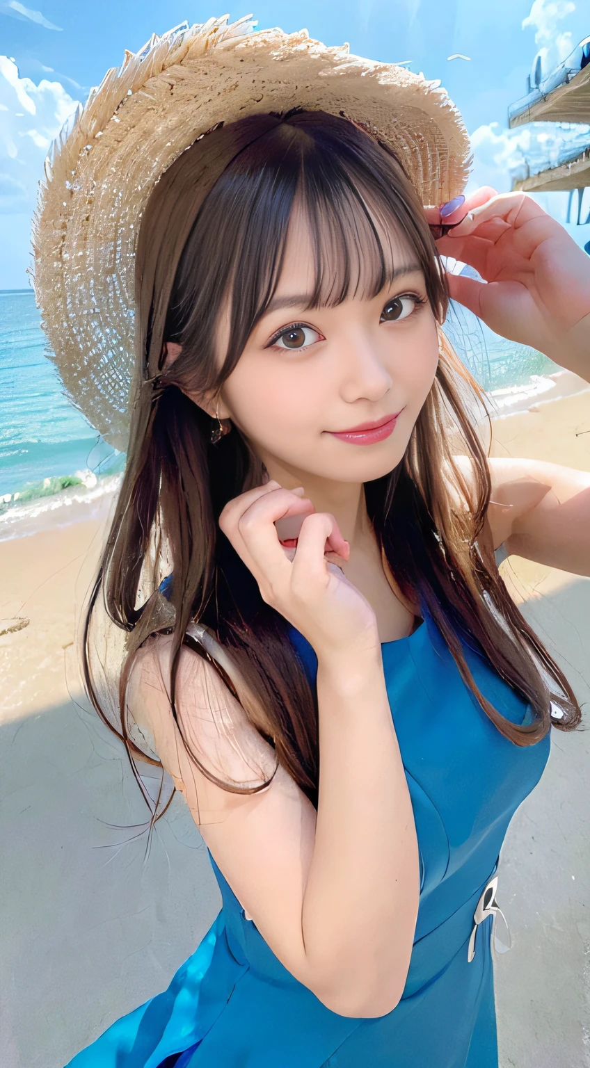 ((best qualtiy, 8K, tmasterpiece:1.3)), (Sunscreen straw hat:1.3),Focus:1.2, perfect figure beautiful woman:1.4, Cocked buttocks:1.2, ((Cut hair in layers:1.2)), , (darkStreet:1.3), Highly detailed facial and skin texture, full bodyesbian,A detailed eye, 二重まぶた,Whiten skin,long whitr hair,(with a round face:1.5),(Sky blue dress:1.6)。Smile by the sea