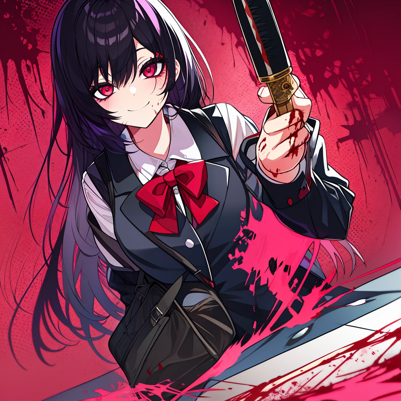 female with black hair, unkept hair, messy hair, messy clothing, insane eyes, in a schoolgirl outfit, antisocial, eye shadow, red eye color, bags under eyes, lots of eyeshadow on, bloody, yandere, insane, holding a knife, crazy smile, blood on her clothes