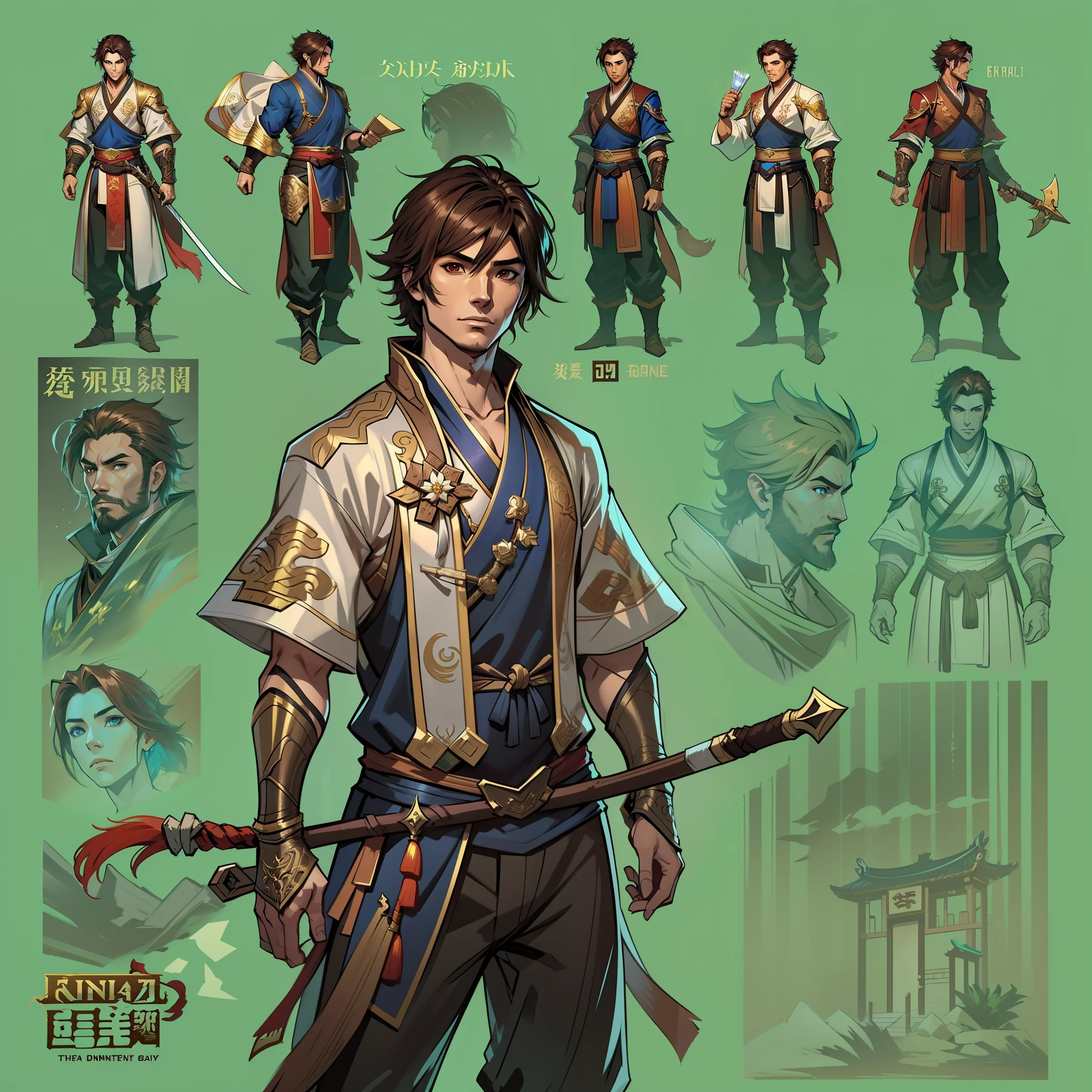 a young man in his 30's, with brown eyes and scruffy brown hair, wearing desert themed attire, a hero in wuxia style, with brown eyes, martial artist, martial artist holding a staff, standing in a chinese temple, in the style of blade and soul, full body character concept, detailed character design, chinese costume, very highly detailed face, unreal engine render, final fantasy 14 style, lunar themed attire, costume with blue accents