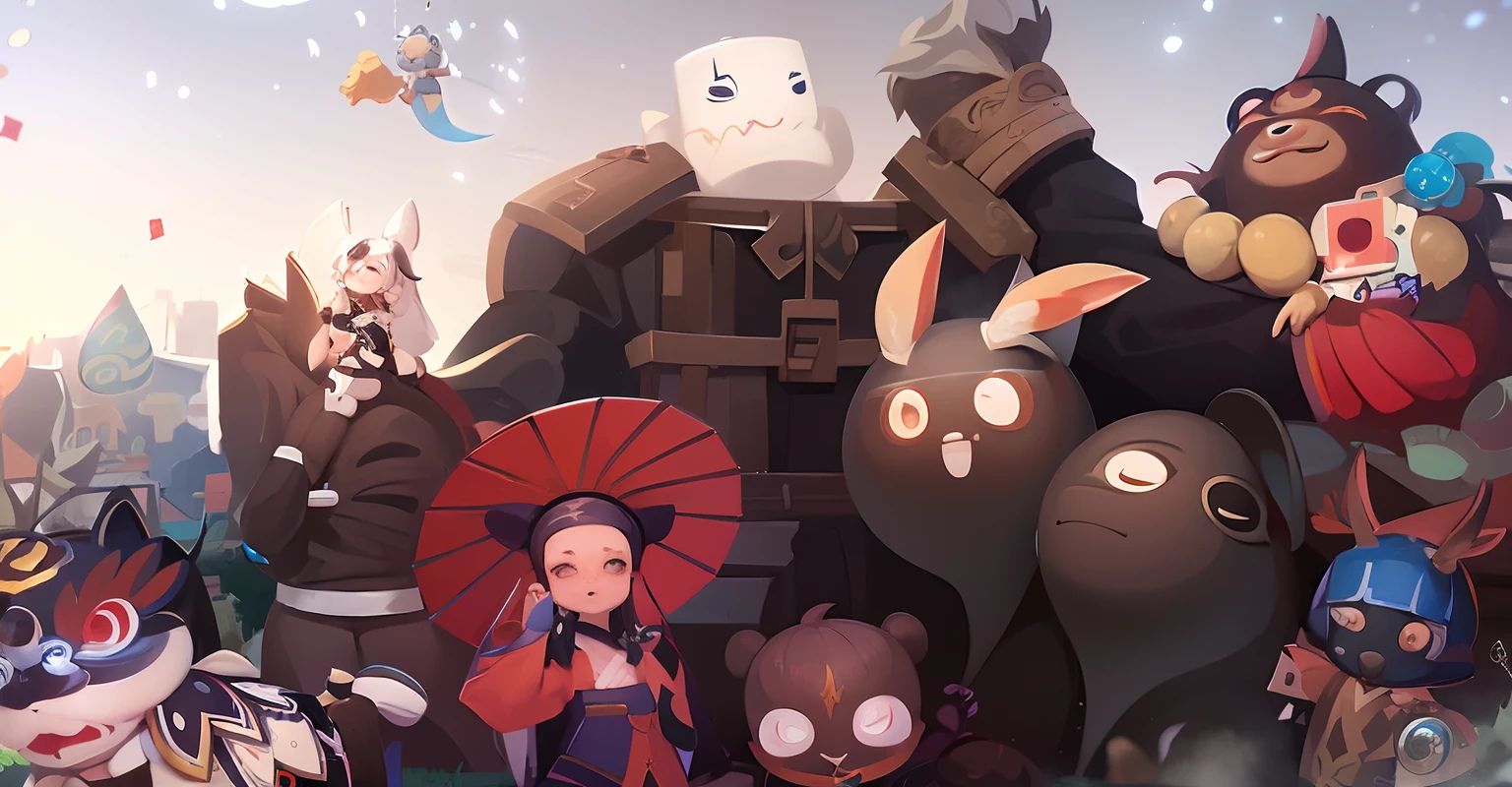 Aratz and other animated animals gather in the park, onmyoji, dofus, Mobile game art, trending on cgstation, mobile game, korean mmo, Onmyoji detailed art, mobile game style, Rosla global lighting, trending at cgstation, Artgerm and Atey Ghailan, korean mmorpg