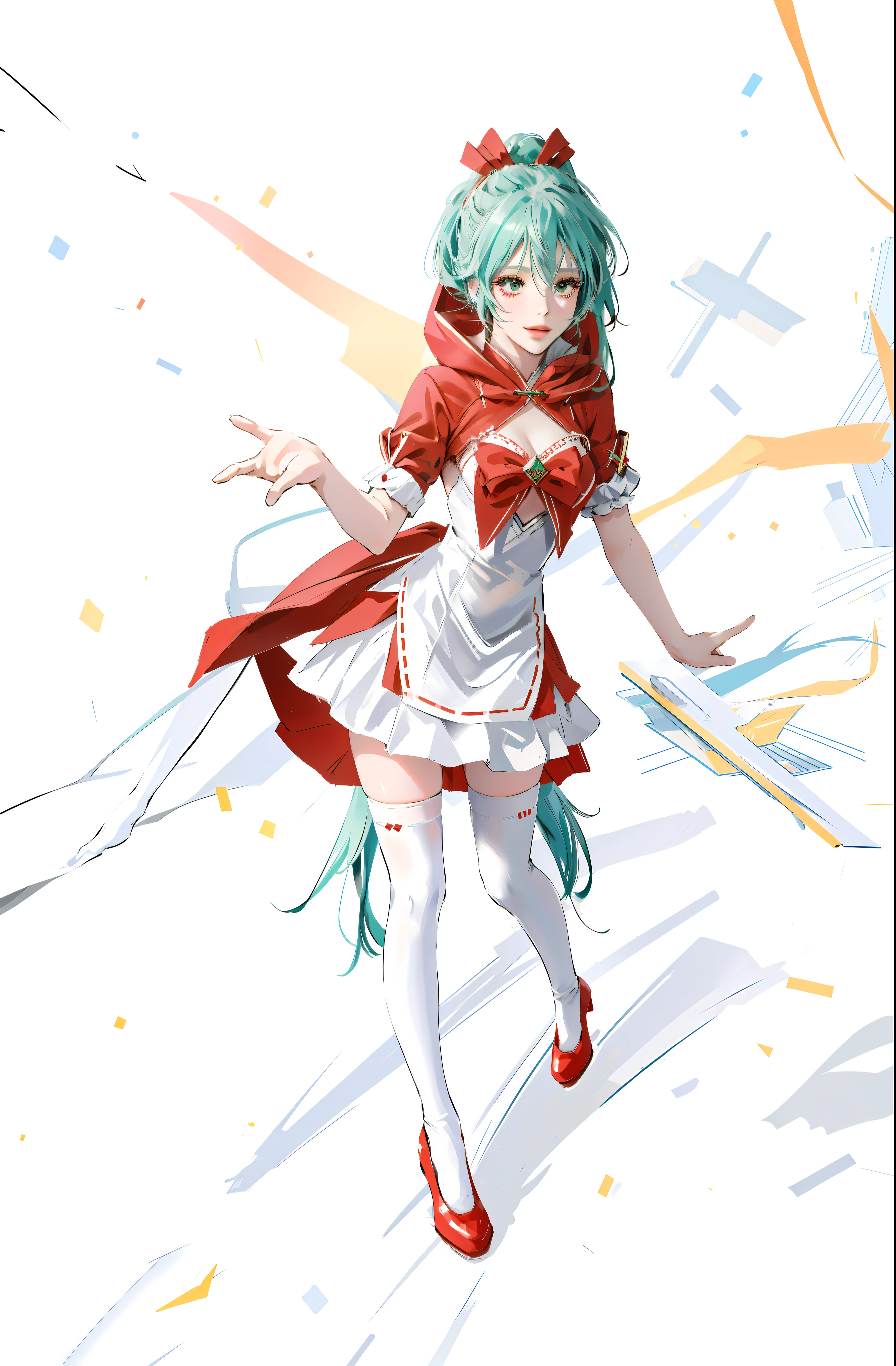 Big breasts Hatsune Miku,littleredridinghood,White tights,ssmile,white stockings,Red dress,Red shoes,Green hair,The beautiful, k hd,