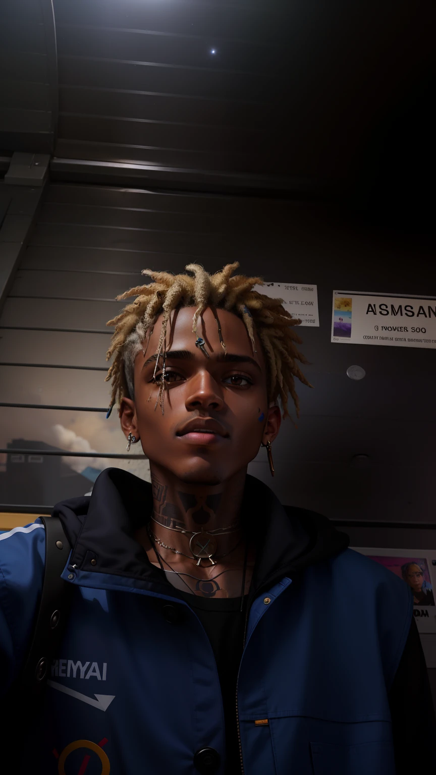 There's a man with straight hair that's half blonde and half black and a blue jacket, xxxtentacion, Trippie assustado, Gatilho Estilo de Arte de Anime, Sem estilo Tyler Mitchell, usando uma bandana e corrente, ✏️🎨, Lil Peep, imagem de qualidade muito baixa, ((Saturado)), pele bronzeada, Foto do perfil, Album art, ☁🌪🌙👩🏾